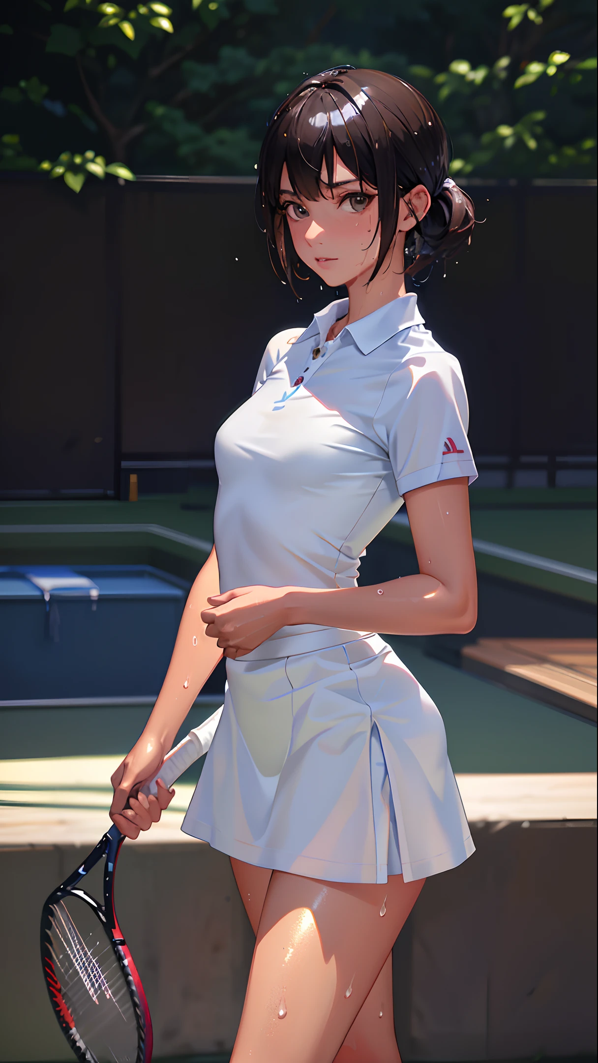 absurd, masterpiece, best quality, realistic, hyper-detailed, (shiny skin, sweaty:1.4), looking at viewer, slender, 1girl, solo, bob cut hair, tennis wear, white polo shirt, white sneakers, white miniskirt, small breasts, (thick thighs:0.4), dynamic lighting, high resolution, sharp focus, depth of field, ponytail, brown hair, black eyes