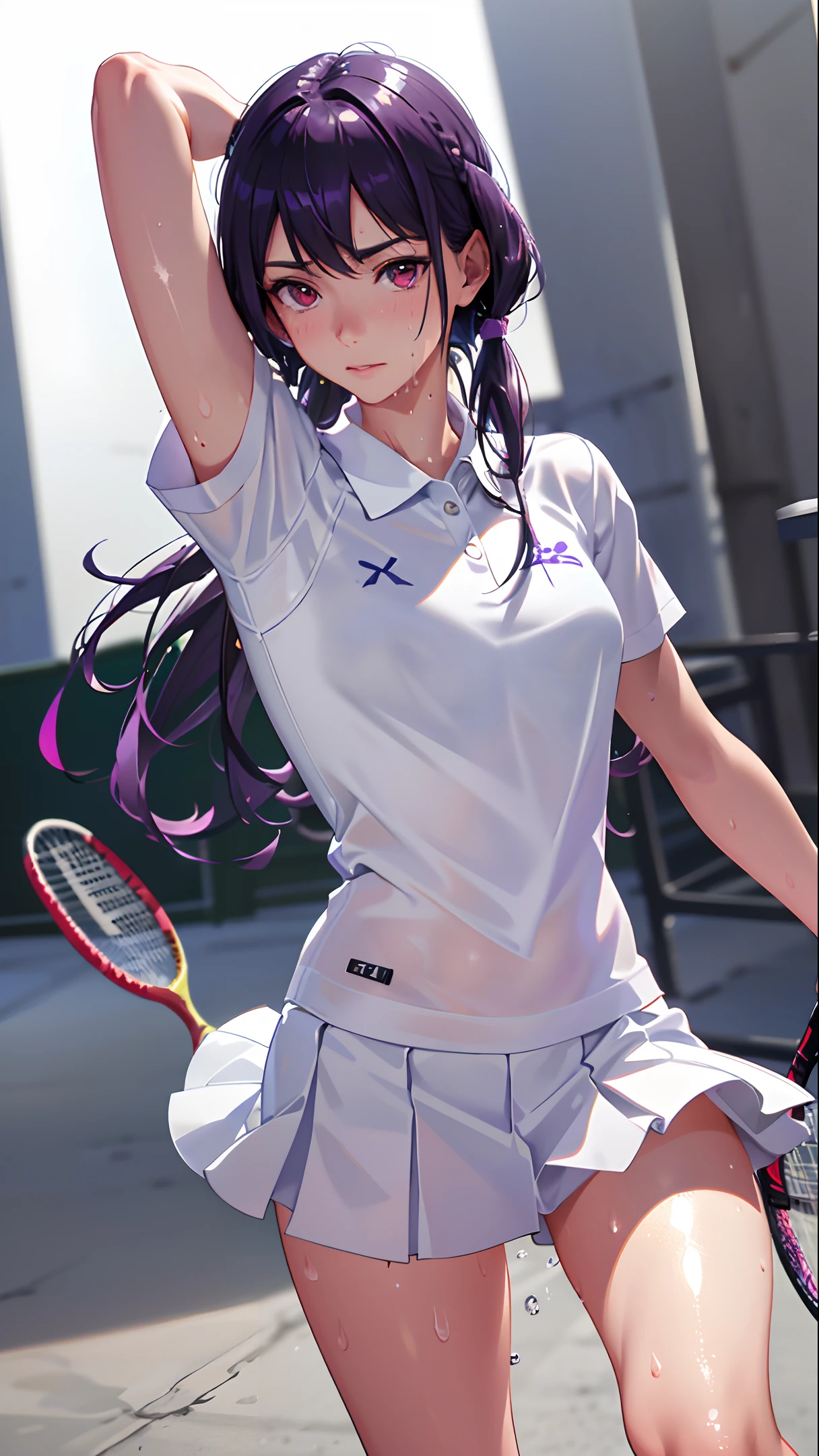 absurd, masterpiece, best quality, realistic, hyper-detailed, (shiny skin, sweaty:1.4), looking at viewer, slender, 1girl, solo, tennis wear, white polo shirt, white sneakers, white miniskirt, straight long hair, princess cut, purple hair, red eyes, (thick thighs:0.5), dynamic lighting, high resolution, sharp focus, depth of field, small breasts