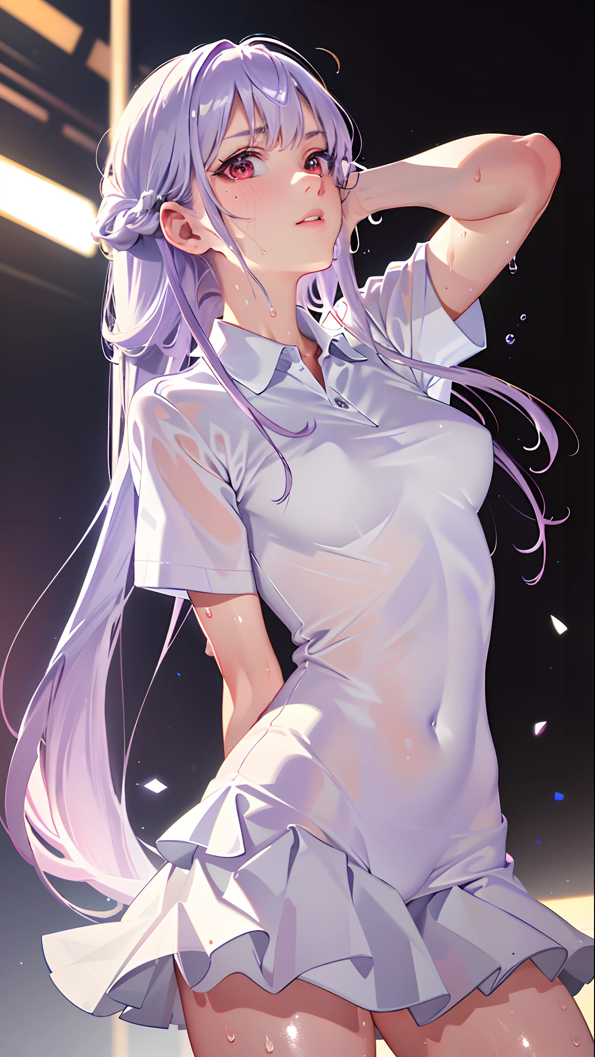 absurd, masterpiece, best quality, realistic, hyper-detailed, (shiny skin, sweaty:1.4), looking at viewer, slender, 1girl, solo, tennis wear, white polo shirt, white sneakers, white miniskirt, straight long hair, princess cut, purple hair, red eyes, (thick thighs:0.5), dynamic lighting, high resolution, sharp focus, depth of field, small breasts
