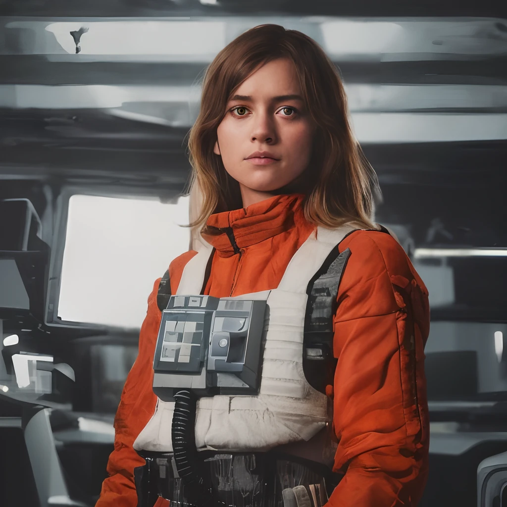 Woman in rebel pilot suit in air force hangar, very long hair, RAW photo, 8k UHD, DSLR, soft lighting, high quality, film grain, Fujifilm XT3, photorealistic, realistic, realism, photorealism, photorealism, photorealism, photorealism, digital art trending on Artstation 8k HD high definition, realistic, detailed, skin texture, anchor, best quality, ultra high resolution, detailed, raw photo, sharp, by Lee Jeffries Nikon D850 film, stock photo 4, Kodak Portra 400 camera, f/1.6 lens, rich colors, hyper-realistic, lifelike texture, dramatic lighting, Unrealengine trending on Artstation cinema still 800