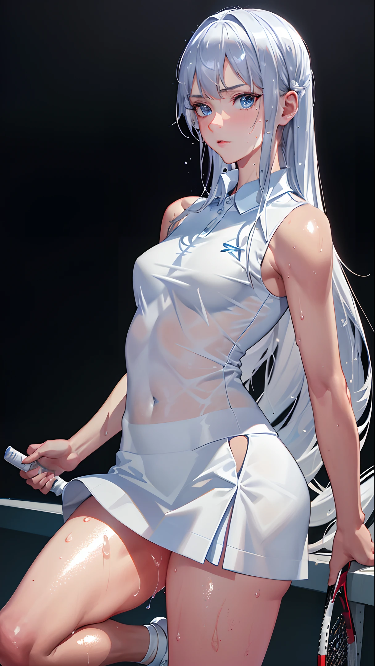absurd, masterpiece, best quality, realistic, hyper-detailed, (shiny skin, sweaty:1.4), slender, looking at viewer, 1girl, solo, tennis wear, white polo shirt, white sneakers, white miniskirt, long hair, silver hair, blue eyes, (thick thighs:0.5), dynamic lighting, high resolution, sharp focus, depth of field, small breasts