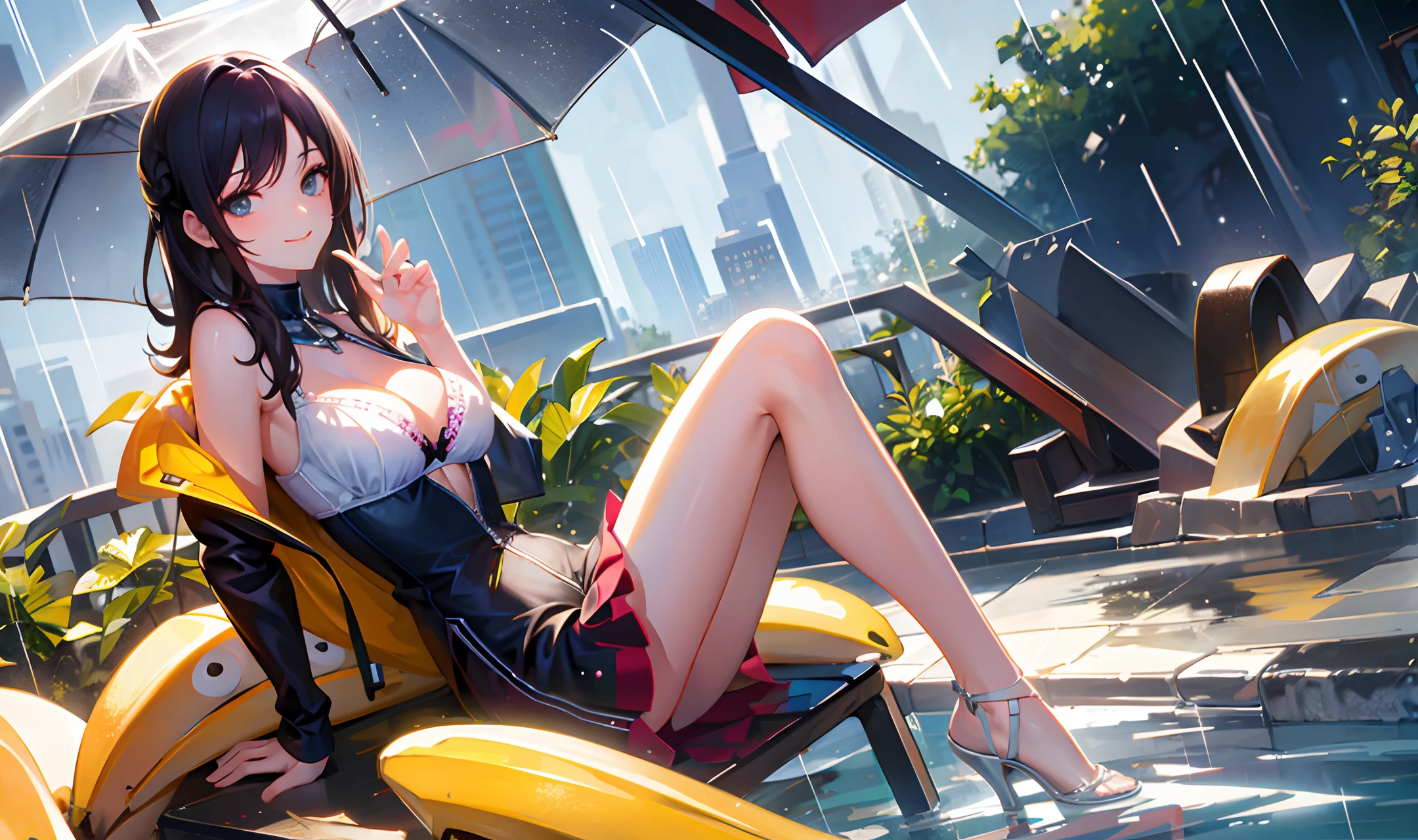 masterpiece, best quality,3gril, sitting, smiley, look at me, transparent bra, rain. Banana eat,