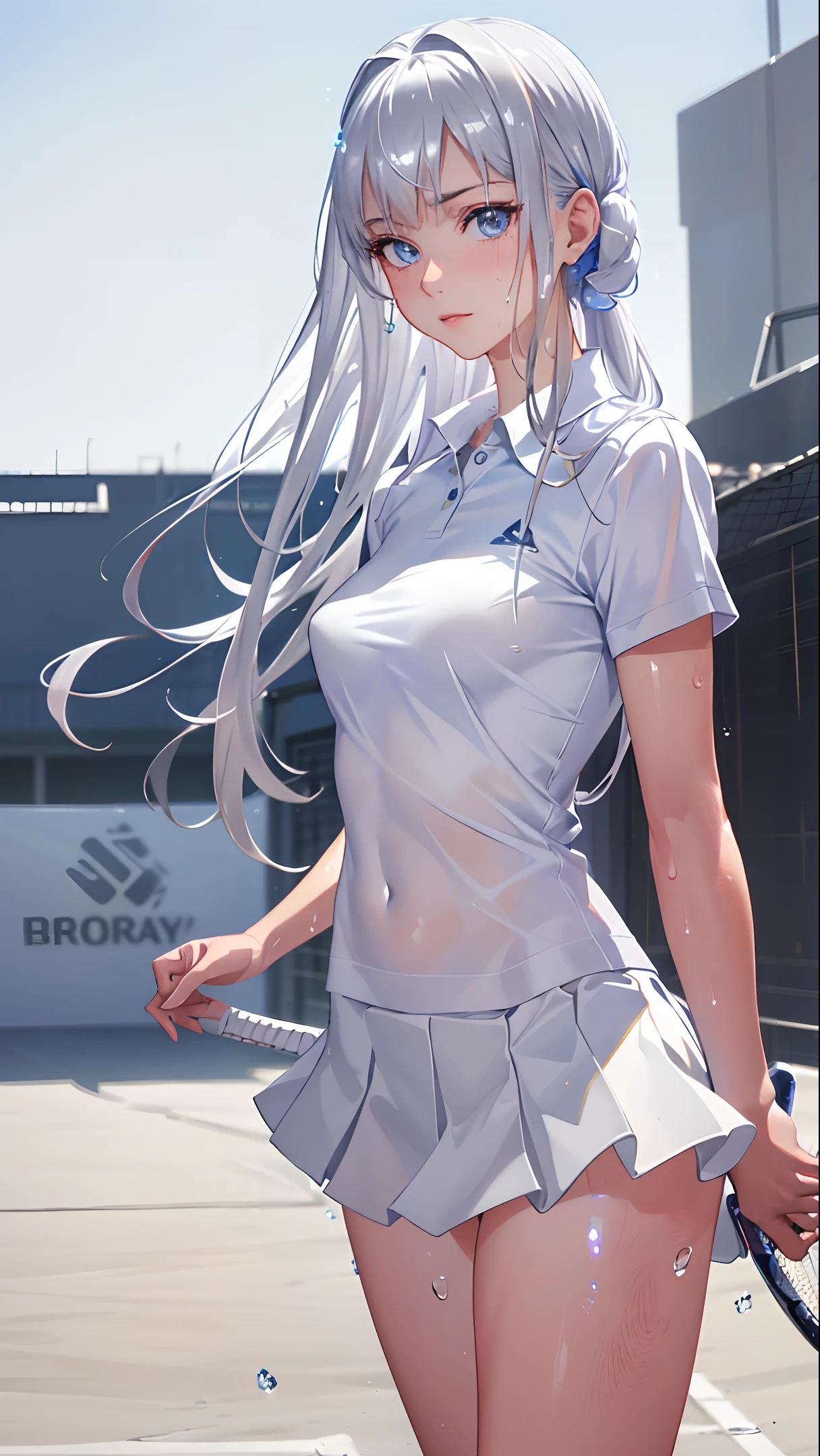 absurd, masterpiece, best quality, realistic, hyper-detailed, (shiny skin, sweaty:1.4), looking at viewer, 1girl, solo, tennis wear, white polo shirt, white sneakers, white miniskirt, semi long hair, silver hair, blue eyes, slender, (thick thighs:0.6), dynamic lighting, high resolution, sharp focus, depth of field, small breasts