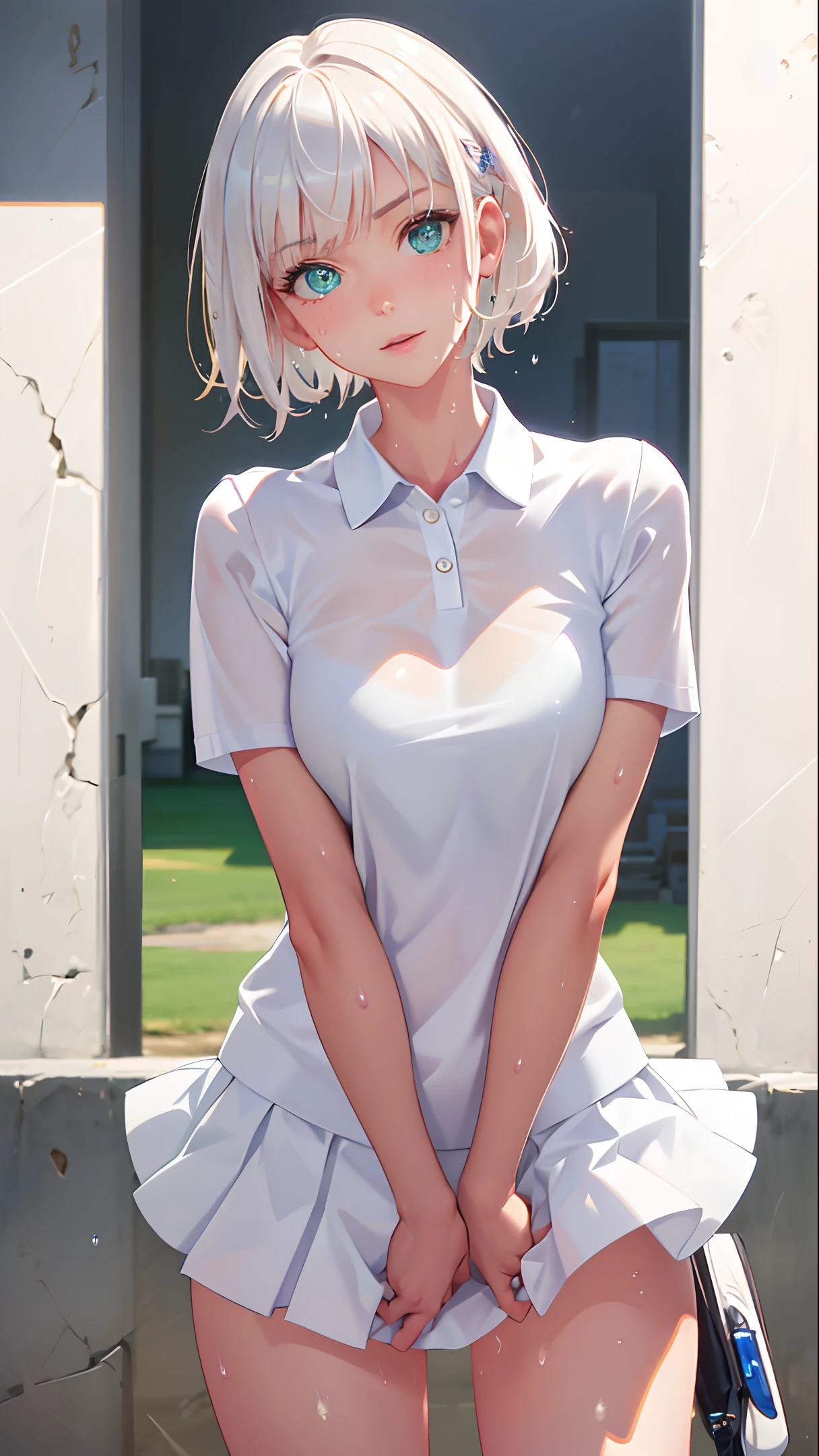 absurd, masterpiece, best quality, realistic, hyper-detailed, (shiny skin, sweaty:1.4), looking at viewer, 1girl, solo, tennis wear, white polo shirt, white sneakers, white miniskirt, short hair, platinum blonde hair, green eyes, slender, (thick thighs:0.6), dynamic lighting, high resolution, sharp focus, depth of field, detailed eyes, sharp pupils, realistic pupils, (small breasts:0.6)