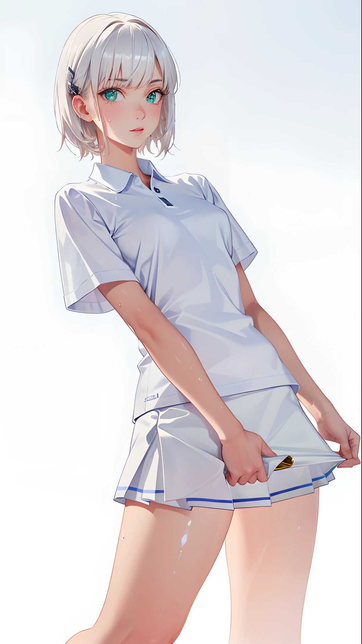 absurd, masterpiece, best quality, realistic, hyper-detailed, (shiny skin, sweaty:1.4), looking at viewer, 1girl, solo, tennis wear, white polo shirt, white sneakers, white miniskirt, short hair, platinum blonde hair, green eyes, slender, (thick thighs:0.6), dynamic lighting, high resolution, sharp focus, depth of field, detailed eyes, sharp pupils, realistic pupils, (small breasts:0.6)