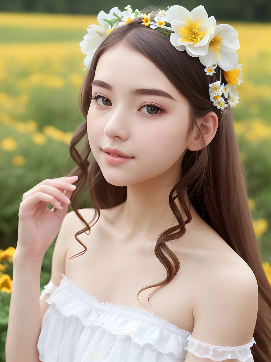 “High quality, high detail, (supernatural: 1.4), full body, exquisite facial features, perfect face with flowers, radiant skin, ta hair accessories, bare shoulders, spring, flower fields.”