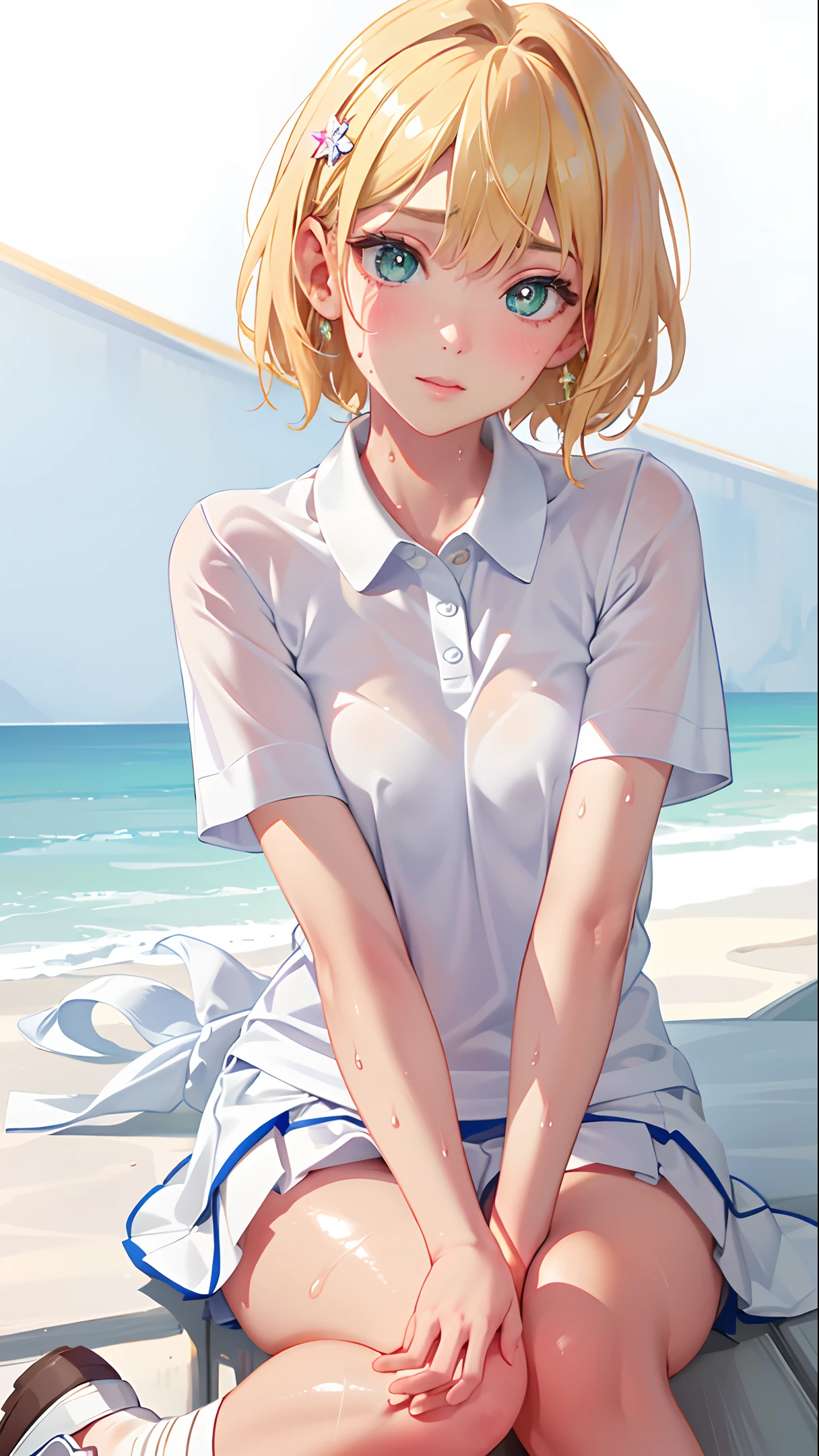 absurd, masterpiece, best quality, realistic, hyper-detailed, (shiny skin, sweaty:1.4), looking at viewer, 1girl, solo, tennis wear, white polo shirt, white sneakers, white miniskirt, short hair, blonde hair, green eyes, slender, (thick thighs:0.6), dynamic lighting, high resolution, sharp focus, depth of field, detailed eyes, sharp pupils, realistic pupils, (small breasts:0.8)