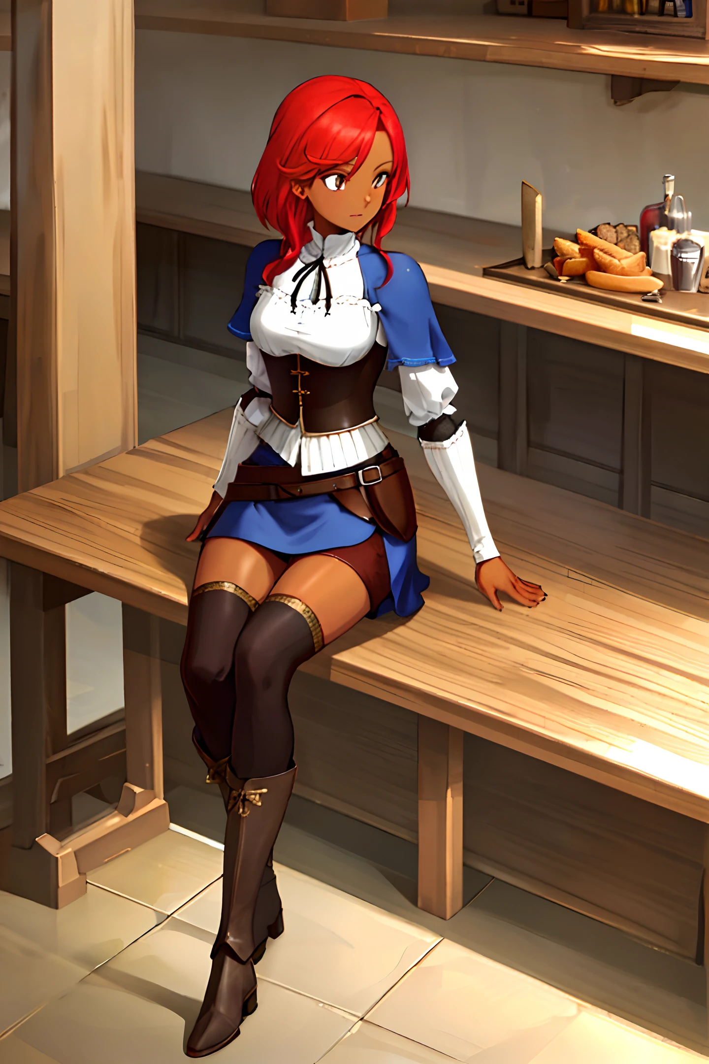 (Stylish, best quality)), pub owner, medieval tavern, armor, redhead, counter, boots, mature women, perky, dark skin, stout