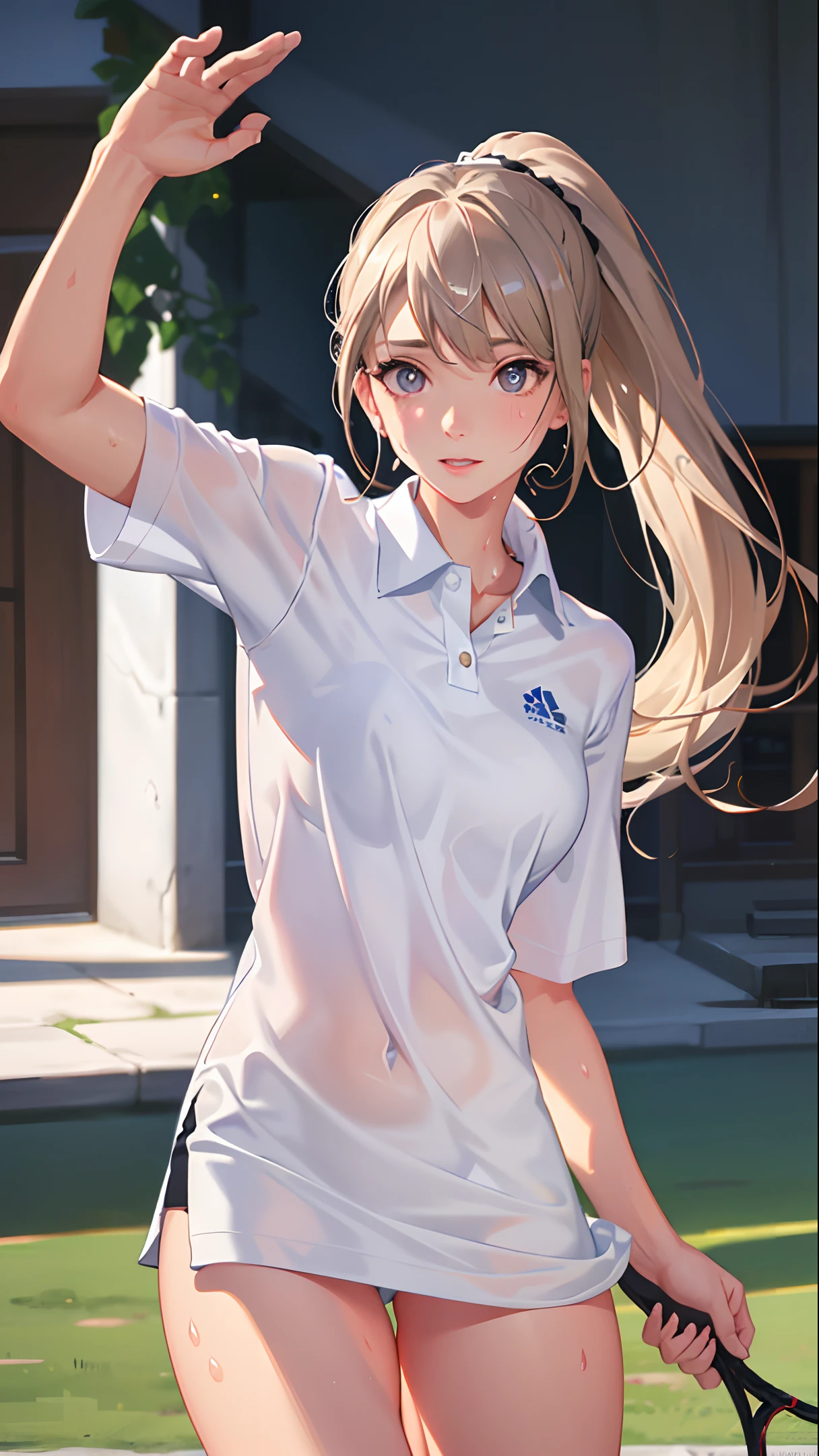 absurd, masterpiece, best quality, realistic, hyper-detailed, (shiny skin, sweaty:1.4), looking at viewer, 1girl, solo, tennis wear, white polo shirt, white sneakers, white miniskirt, ponytail, light brown hair, black eyes, slender, (thick thighs:0.6), dynamic lighting, high resolution, sharp focus, depth of field, detailed eyes, sharp pupils, realistic pupils, (small breasts:0.7)