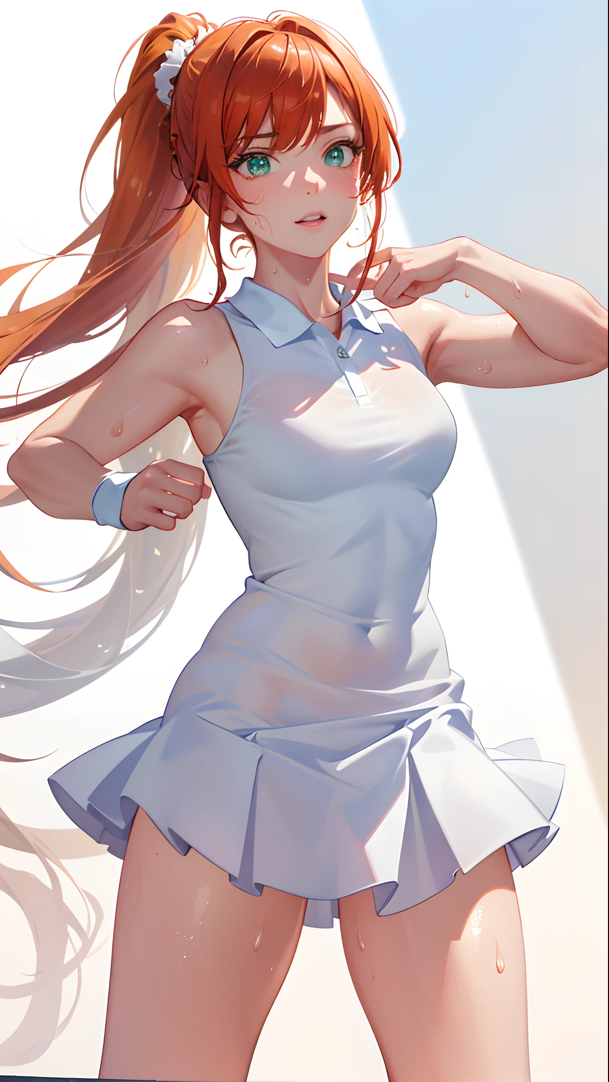 absurd, masterpiece, best quality, realistic, hyper-detailed, (shiny skin, sweaty:1.4), looking at viewer, 1girl, solo, tennis wear, white polo shirt, white sneakers, white miniskirt, ponytail, copper hair, green eyes, slender, (thick thighs:0.6), dynamic lighting, high resolution, sharp focus, depth of field, detailed eyes, sharp pupils, realistic pupils, (small breasts:0.7)