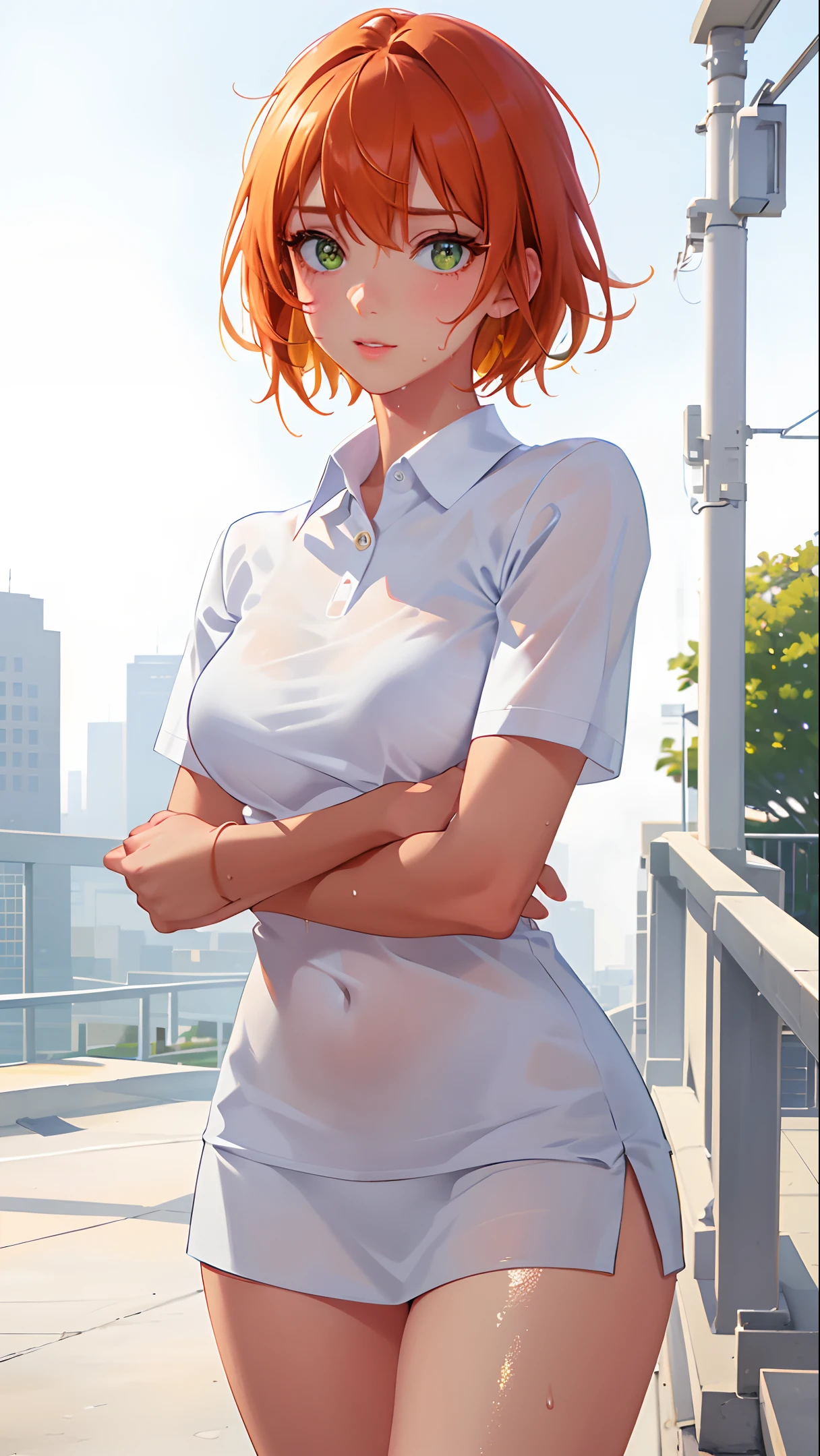 absurd, masterpiece, best quality, realistic, hyper-detailed, tennis wear, (shiny skin, sweaty:1.4), looking at viewer, 1girl, solo, white polo shirt, white sneakers, white miniskirt, short hair, orange hair, green eyes, slender, (thick thighs:0.6), dynamic lighting, high resolution, sharp focus, depth of field, detailed eyes, sharp pupils, realistic pupils, (small breasts:0.7)