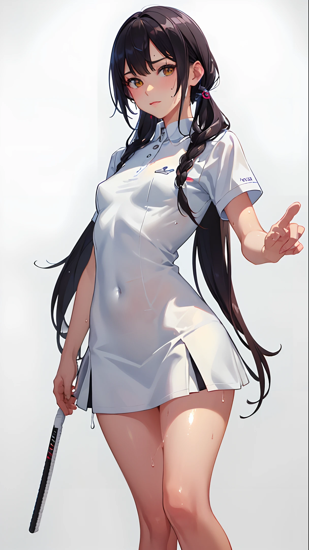 (slender, small breasts:1.2), masterpiece, best quality, realistic, hyper-detailed, (shiny skin, sweaty:1.4), absurd, looking at viewer, 1girl, solo, tennis wear, white polo shirt, white sneakers, white miniskirt, twin tail hair, black hair, brown eyes, (thick thighs:0.7), dynamic lighting, high resolution, sharp focus, depth of field, detailed eyes, sharp pupils, realistic pupils