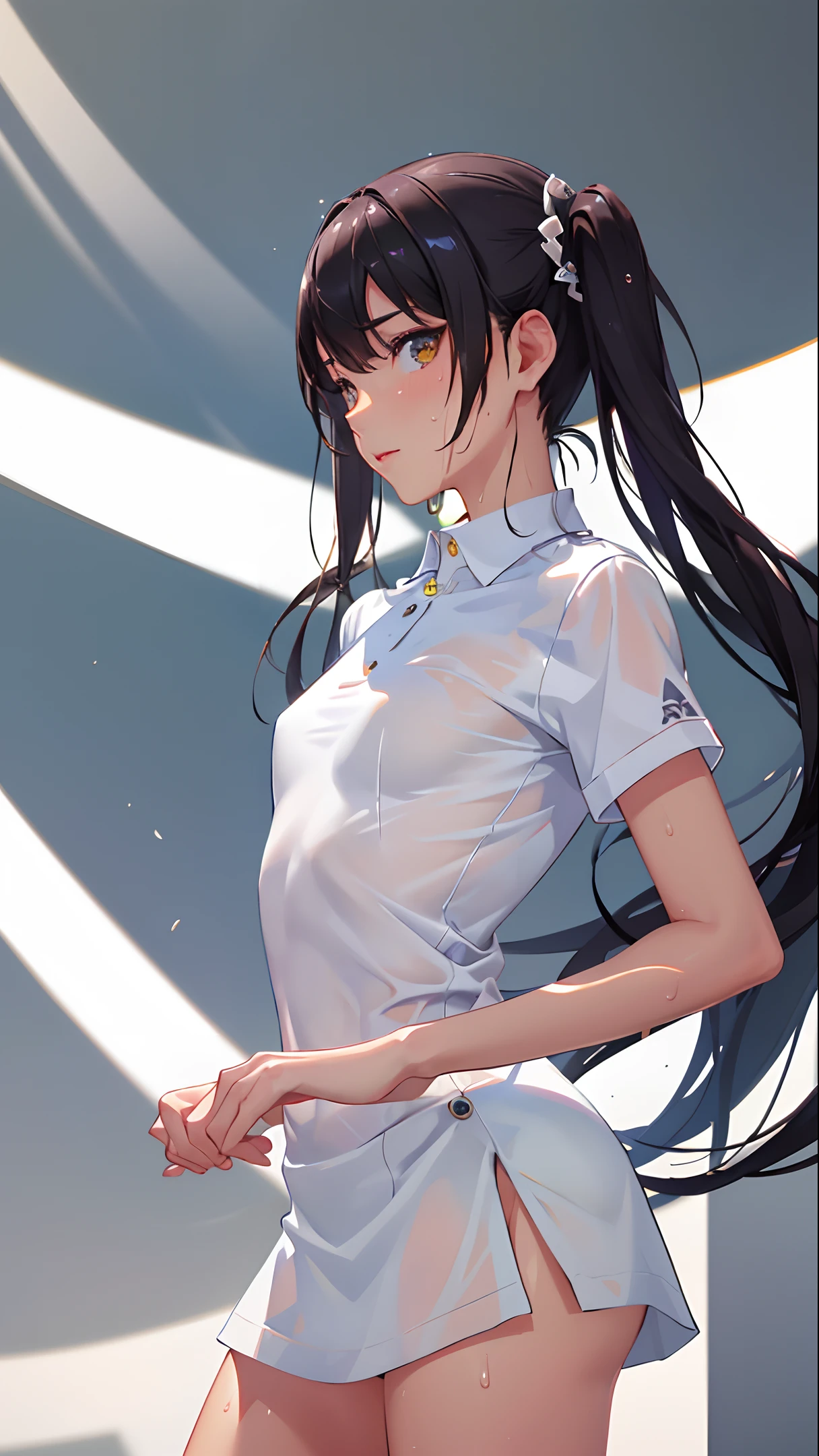 slender, (small breasts:1.2), masterpiece, best quality, realistic, hyper-detailed, (shiny skin, sweaty:1.4), absurd, looking at viewer, 1girl, solo, tennis wear, white polo shirt, white sneakers, white miniskirt, twintail hair, black hair, brown eyes,  (thick thighs:0.7), dynamic lighting, high resolution, sharp focus, depth of field, detailed eyes, sharp pupils, realistic pupils