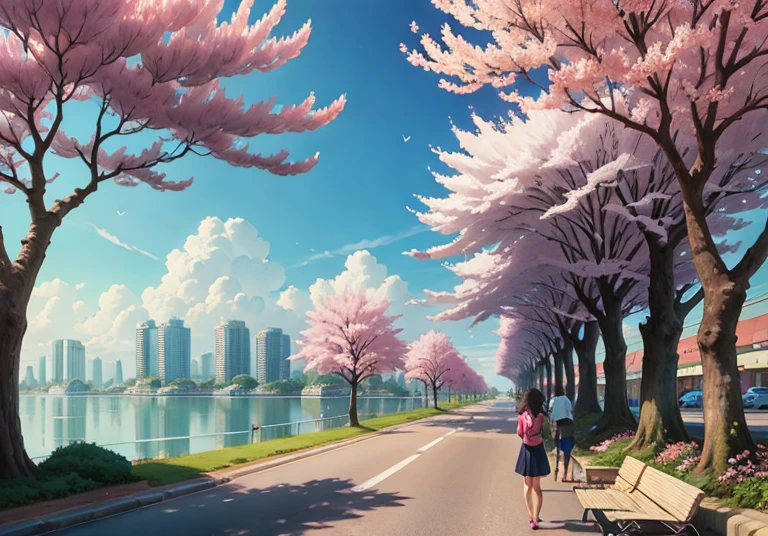 This picture depicts a city with many cherry trees, cherry trees, and lush cherry trees. The bustling tech architecture is beyond imagination. Cherry blossom trees are in full bloom. Pink cherry blossoms are blooming everywhere. The surreal clouds, the breathtaking clouds, the few passers-by, and the details of the characters are all clear at a glance. Inspired by Makoto Shinkai's popular conceptual art and masterpiece on pixiv, foresight (wide-angle lens), ultra-high resolution (realism: 1.4), ultra-high quality, extremely detailed CG Unity 8k wallpapers, aesthetics, award-winning photography, realism, high detail, intricate, beautiful anime scenes, and anime-style cityscapes. The art of traveling