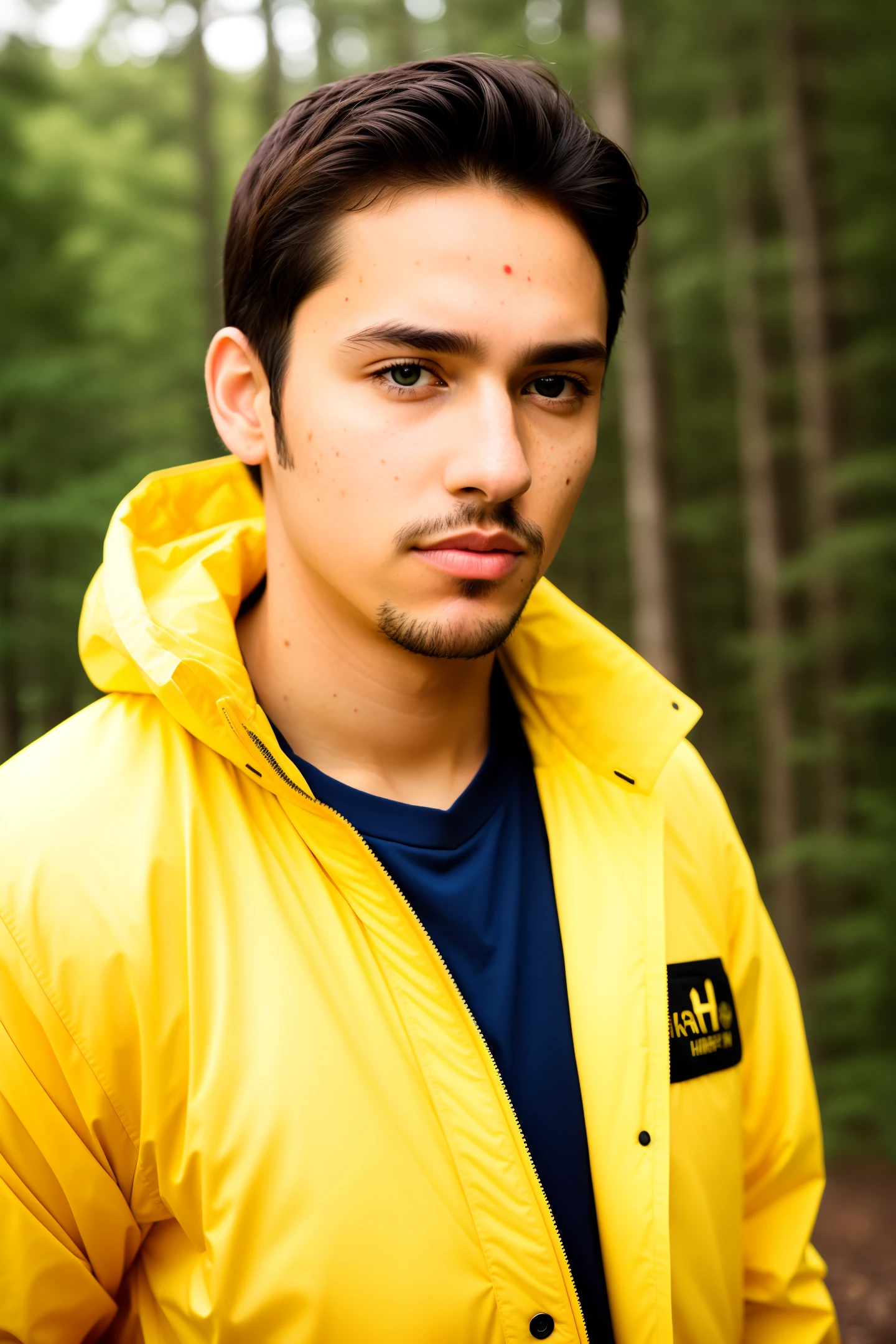 RAW photo, (HD detail skin: 1.2), 8k Ultra HD, DSLR, soft light, high definition, movie particles, Fujifilm XT3, a man, (yellow) jacket), background: Woods, (dark circles), (thin) hair, (birthmark next to left eye), (handsome)), facing the camera sideways, (birthmark next to left eye), (handsome)), facing the camera sideways, (birthmark next to the left eye),