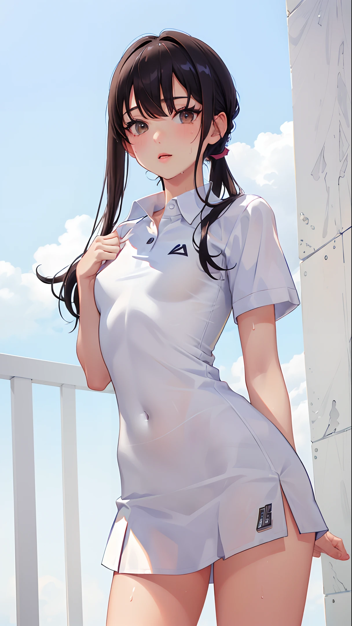 1girl, solo, white polo shirt, white sneakers, tennis wear, white miniskirt, masterpiece, best quality, realistic, hyper-detailed, (shiny skin, sweaty:1.4), absurd, looking at viewer, short twintail, black hair, brown eyes, slender, dynamic lighting, high resolution, sharp focus, depth of field, detailed eyes, sharp pupils, realistic pupils, (small breasts:1.4), (thick thighs:1.0), outdoor, sky