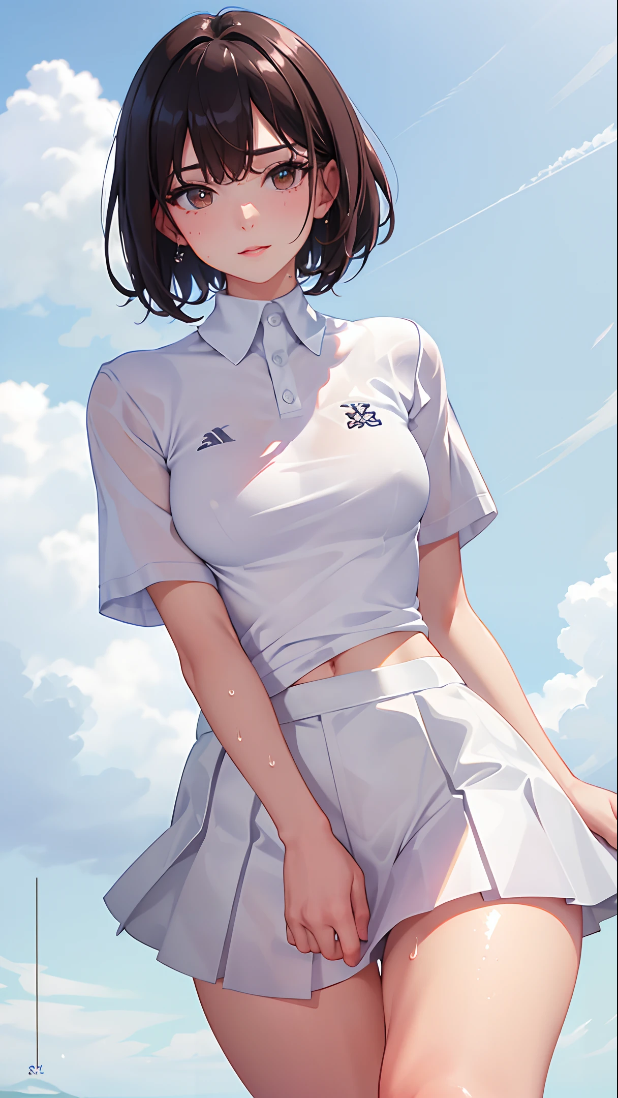 1girl, solo, white polo shirt, white sneakers, tennis wear, white miniskirt, masterpiece, best quality, realistic, hyper-detailed, (shiny skin, sweaty:1.4), absurd, looking at viewer, short black hair, brown eyes, slender, dynamic lighting, high resolution, sharp focus, depth of field, detailed eyes, sharp pupils, realistic pupils, (small breasts:1.4), (thick thighs:1.1), outdoor, sky