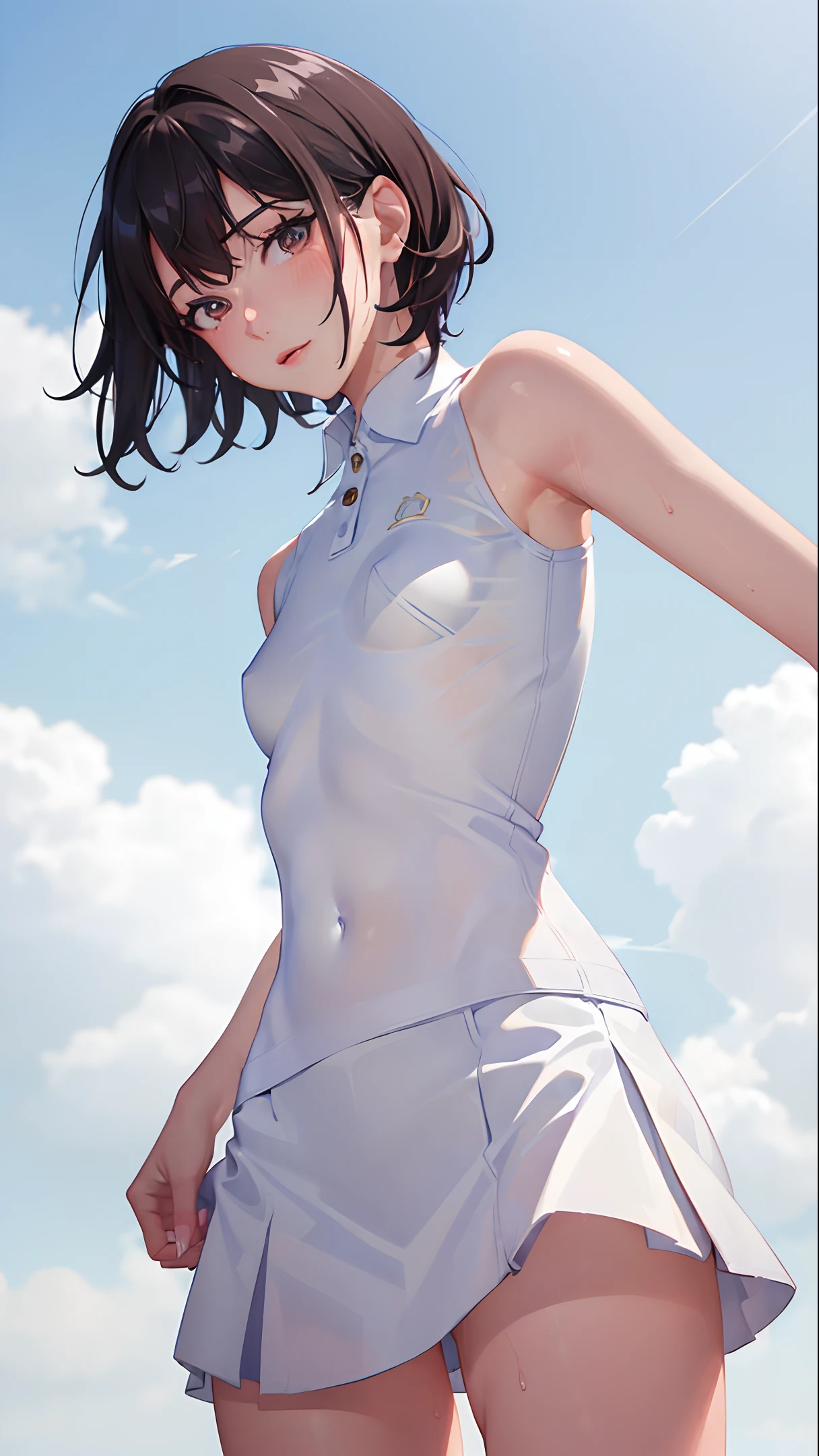 1girl, solo, white polo shirt, white sneakers, tennis wear, white miniskirt, short hair, masterpiece, best quality, realistic, hyper-detailed, (shiny skin, sweaty:1.4), absurd, looking at viewer, black hair, brown eyes, slender, dynamic lighting, high resolution, sharp focus, depth of field, detailed eyes, sharp pupils, realistic pupils, (small breasts:1.5), (thick thighs:1.0), cute, outdoor, sky