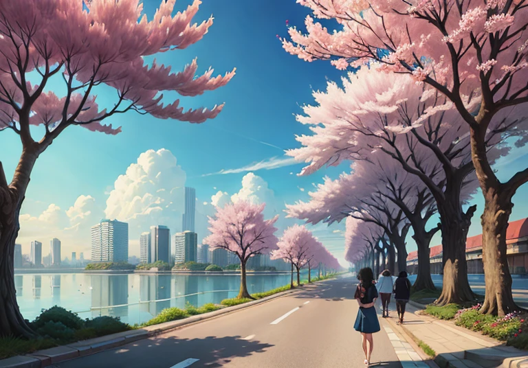 This picture depicts a city with many cherry trees, cherry trees, and lush cherry trees. The bustling tech architecture is beyond imagination. Cherry blossom trees are in full bloom. Pink cherry blossoms are blooming everywhere. The surreal clouds, the breathtaking clouds, the few passers-by, and the details of the characters are all clear at a glance. Inspired by Makoto Shinkai's popular conceptual art and masterpiece on pixiv, foresight (wide-angle lens), ultra-high resolution (realism: 1.4), ultra-high quality, extremely detailed CG Unity 8k wallpapers, aesthetics, award-winning photography, realism, high detail, intricate, beautiful anime scenes, and anime-style cityscapes. The art of traveling