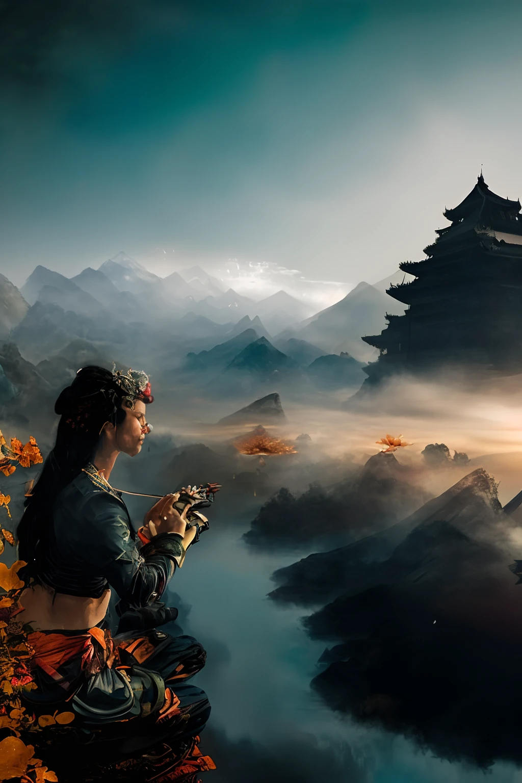 (ultra photorealistic:1.3), extremely high quality high detail RAW color photo, in locations,, Diving Into The Ether Flowing with The Eternal Soul Through Vibration of love, everything is connected, sitting in a lotus position, Flowing energy, Spiritual, divine, dreamlike, cosmic, concept art, mind blowing, feminine beauty, god, pineal gland, dreamlikeart By jeremy mann, by sandra chevrier, by maciej kuciara, sharp, realistic, real shadow, (Chinese castle background:1.2), (by Michelangelo,