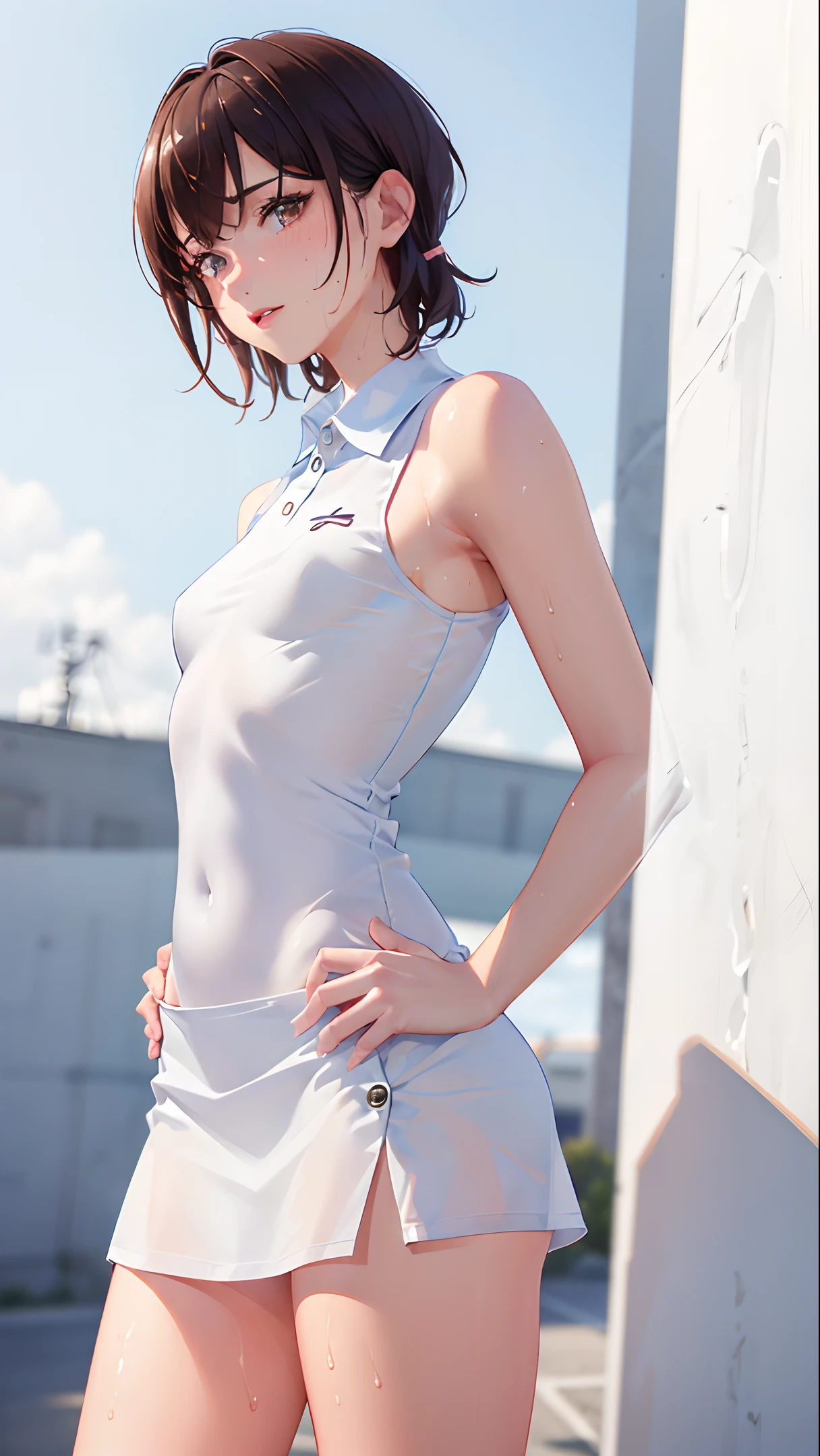 1girl, solo, white polo shirt, white sneakers, tennis wear, white miniskirt, short hair, masterpiece, best quality, realistic, hyper-detailed, (shiny skin, sweaty:1.5), absurd, looking at viewer, brown hair, brown eyes, slender, dynamic lighting, high resolution, sharp focus, depth of field, detailed eyes, sharp pupils, realistic pupils, (small breasts:1.5), (thick thighs:1.0), cute, outdoor, sky
