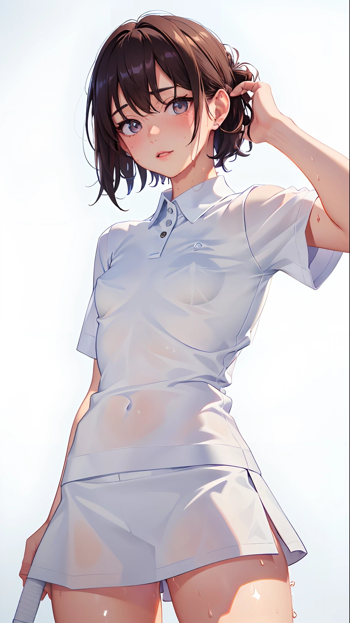 hair tie, 1girl, solo, white polo shirt, white sneakers, tennis wear, white miniskirt, short hair, masterpiece, best quality, realistic, hyper-detailed, (shiny skin, sweaty:1.5), absurd, looking at viewer, brown hair, brown eyes, slender, dynamic lighting, high resolution, sharp focus, depth of field, detailed eyes, sharp pupils, realistic pupils, (small breasts:1.5), (thick thighs:1.0), loli, outdoor, blue sky
