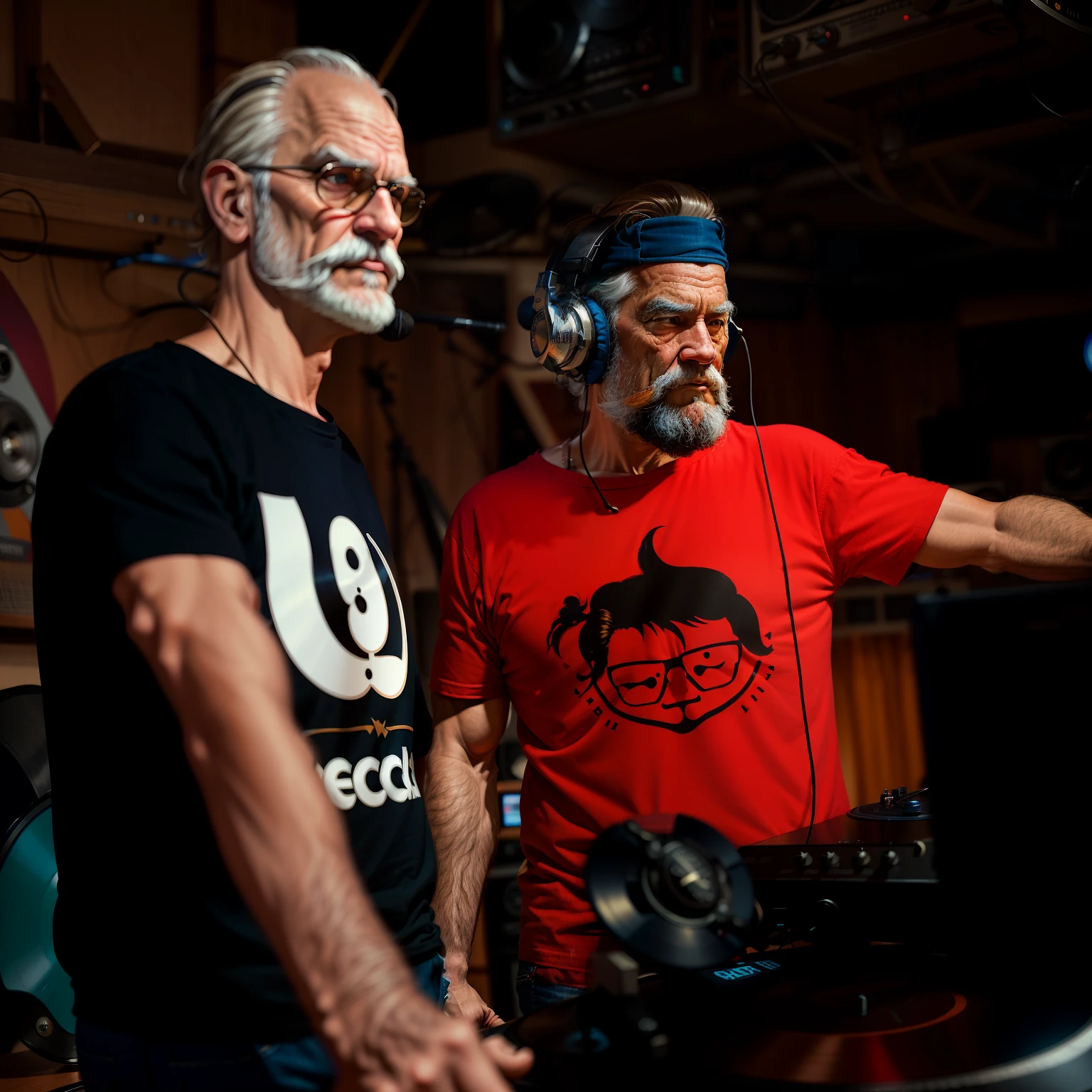 ((best quality)), (super detail)), ((masterpiece)), photo, scene: equipped radio studio, theme: characters: old buffaloes, appearance: old DJs with beards, headphones and microphone on a stand, action: dancing, facial expression: expressive, holds vinyl records, bright T-shirt, blue jeans, white sneakers, perspective: 4K.