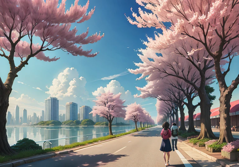 This picture depicts a city with many cherry trees, cherry trees, and lush cherry trees. The bustling tech architecture is beyond imagination. Cherry blossom trees are in full bloom. Pink cherry blossoms are blooming everywhere. The surreal clouds, the breathtaking clouds, the few passers-by, and the details of the characters are all clear at a glance. Inspired by Makoto Shinkai's popular conceptual art and masterpiece on pixiv, foresight (wide-angle lens), ultra-high resolution (realism: 1.4), ultra-high quality, extremely detailed CG Unity 8k wallpapers, aesthetics, award-winning photography, realism, high detail, intricate, beautiful anime scenes, and anime-style cityscapes. The art of traveling