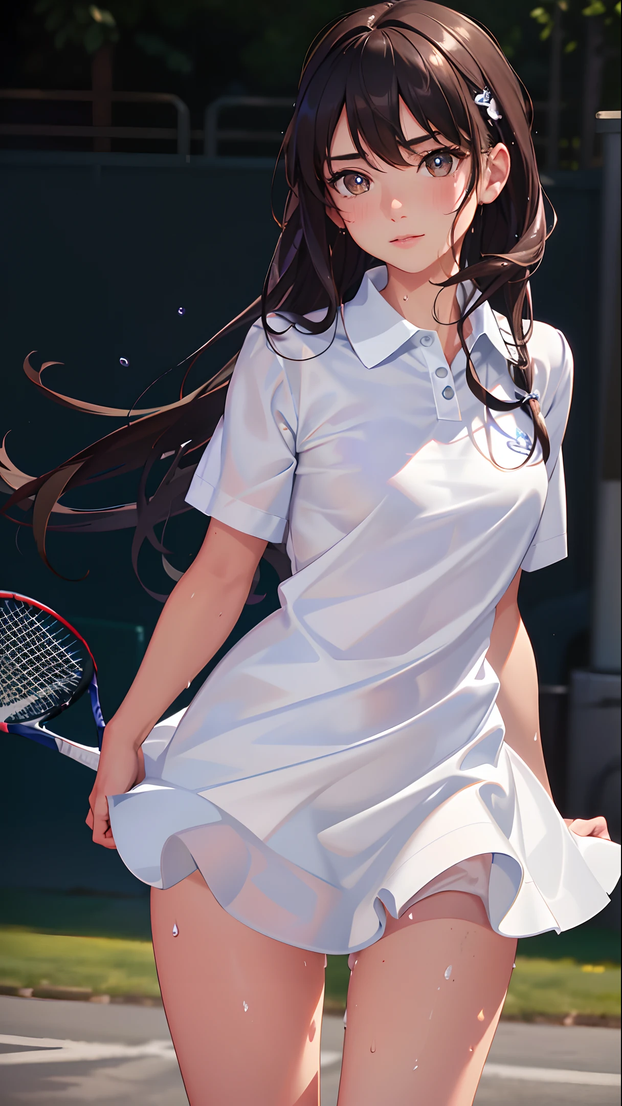 absurd, masterpiece, best quality, realistic, hyper-detailed, tennis wear, (shiny skin, sweaty:1.4), looking at viewer, 1girl, solo, white polo shirt, white sneakers, white miniskirt, long hair, brown hair, black eyes, slender, (thick thighs:0.6), dynamic lighting, high resolution, sharp focus, depth of field, detailed eyes, sharp pupils, realistic pupils, (small breasts:0.8)