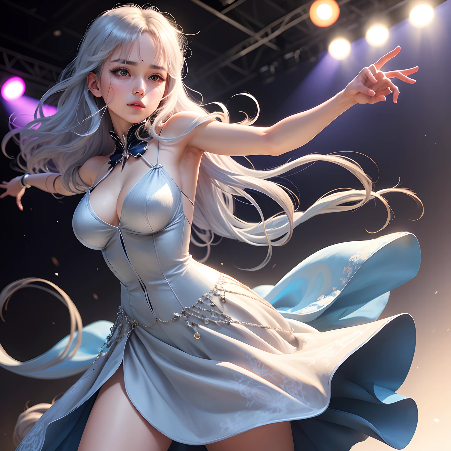 (8k, RAW photo, best quality, masterpiece:1.2), (realistic, photo-realistic:1.37), omertosa, 1girl, (Kpop idol), best quality, blue long hair, silver hair, ultra high res, (photorealistic:1.4), 1girl, stage light background, silver dress, closed mouth, warm tone cinema light, (slightly turned around body:1.4), sexy, heavy eye makeup, erotic pose, dancing, fully body, cute, ulzzang-6500:1.0