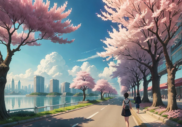 This picture depicts a city with many cherry trees, cherry trees, and lush cherry trees. The bustling tech architecture is beyond imagination. Cherry blossom trees are in full bloom. Pink cherry blossoms are blooming everywhere. The surreal clouds, the breathtaking clouds, the few passers-by, and the details of the characters are all clear at a glance. Inspired by Makoto Shinkai's popular conceptual art and masterpiece on pixiv, foresight (wide-angle lens), ultra-high resolution (realism: 1.4), ultra-high quality, extremely detailed CG Unity 8k wallpapers, aesthetics, award-winning photography, realism, high detail, intricate, beautiful anime scenes, and anime-style cityscapes. The art of traveling