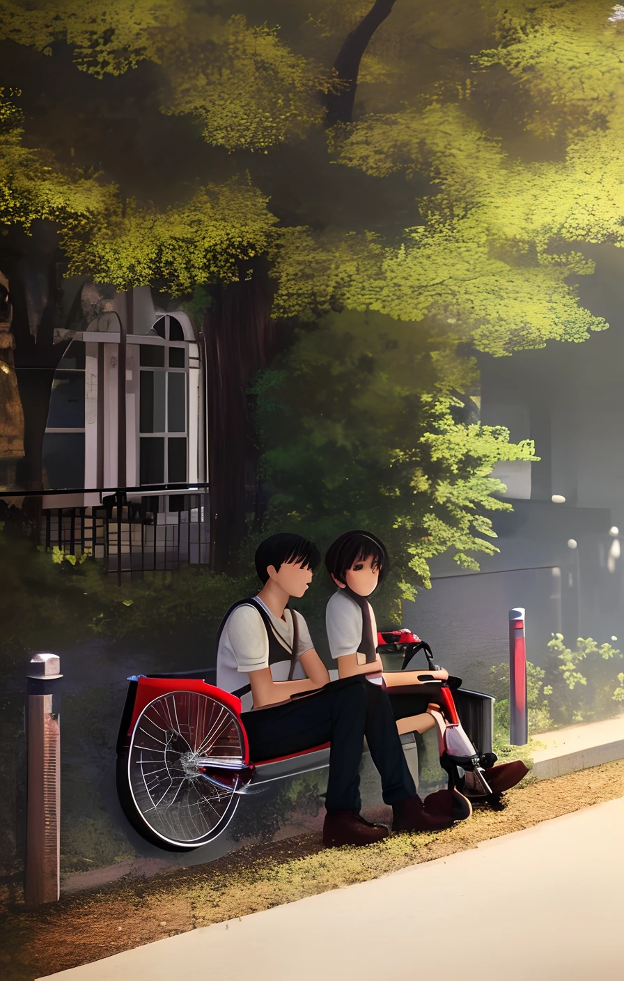 At time of evening,a sad boy sat on a bench under a big tree,beside the bench his bicycle is kept,red white and black colour high resulation