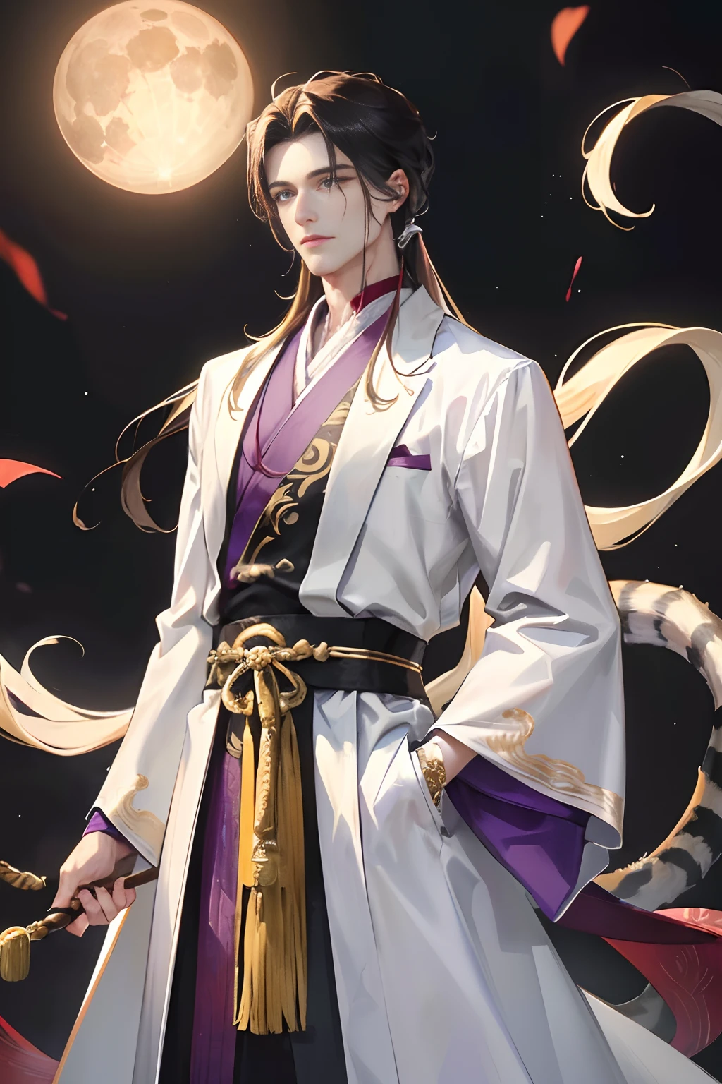 This amazing masterpiece depicts a person dressed in Chinese clothing, dark hair, exquisite facial features, a tiger tail on the back, a white tail, a handsome face, with only long, scattered hair, standing tall and calm by the lake in the moonlight. He has long and handsome hair, is dominating and exudes the rich charm of a prince, and his fierce and gentle demeanor. It exudes a sense of strength and nobility. It is decorated in white and purple with intricate tiger details.