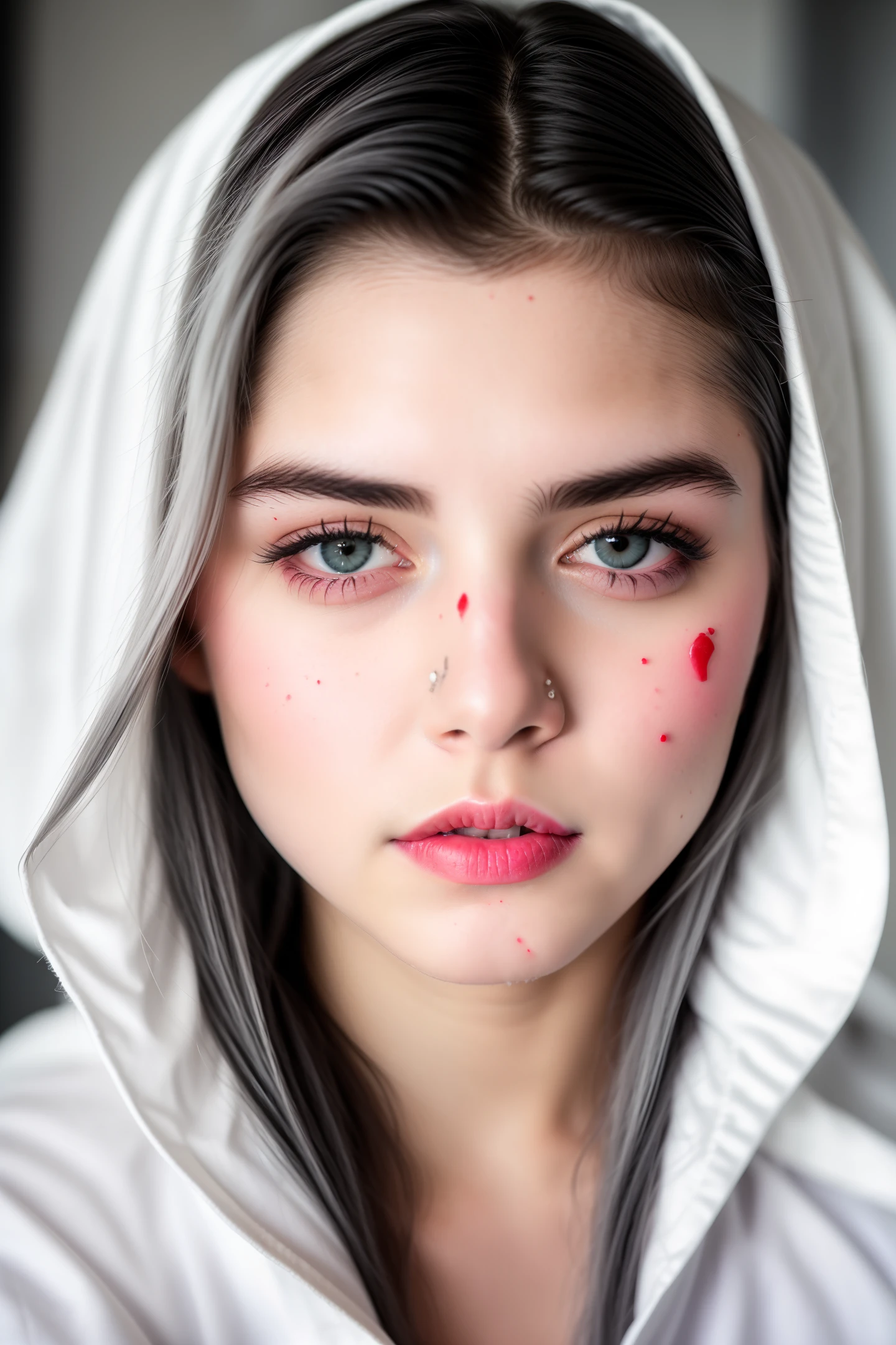 A white girl, , RAW photo, (HD detailed skin: 1.2), 8k Ultra HD, digital SLR camera, soft light, high definition, movie particles, Fujifilm XT3, (white hair), white eyebrows, white robe stained with (blood), (dark room), (gray hair), (gray hair), blood stains,