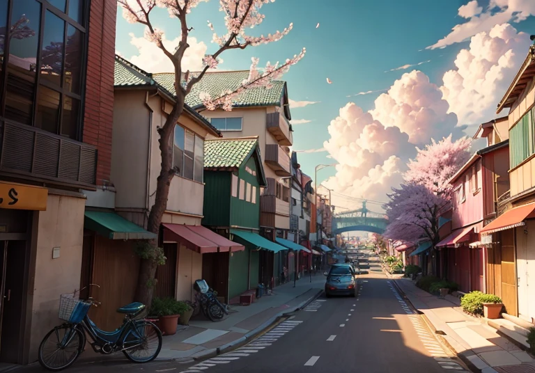 This picture depicts a city with many cherry trees, cherry trees, and lush cherry trees. The bustling tech architecture is beyond imagination. Cherry blossom trees are in full bloom. Pink cherry blossoms are blooming everywhere. The surreal clouds, the breathtaking clouds, the few passers-by, and the details of the characters are all clear at a glance. Inspired by Makoto Shinkai's popular conceptual art and masterpiece on pixiv, foresight (wide-angle lens), ultra-high resolution (realism: 1.4), ultra-high quality, extremely detailed CG Unity 8k wallpapers, aesthetics, award-winning photography, realism, high detail, intricate, beautiful anime scenes, and anime-style cityscapes. The art of traveling