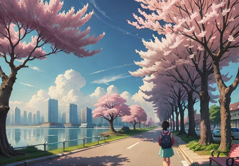 This picture depicts a city with many cherry trees, cherry trees, and lush cherry trees. The bustling tech architecture is beyond imagination. Cherry blossom trees are in full bloom. Pink cherry blossoms are blooming everywhere. The surreal clouds, the breathtaking clouds, the few passers-by, and the details of the characters are all clear at a glance. Inspired by Makoto Shinkai's popular conceptual art and masterpiece on pixiv, foresight (wide-angle lens), ultra-high resolution (realism: 1.4), ultra-high quality, extremely detailed CG Unity 8k wallpapers, aesthetics, award-winning photography, realism, high detail, intricate, beautiful anime scenes, and anime-style cityscapes. The art of traveling