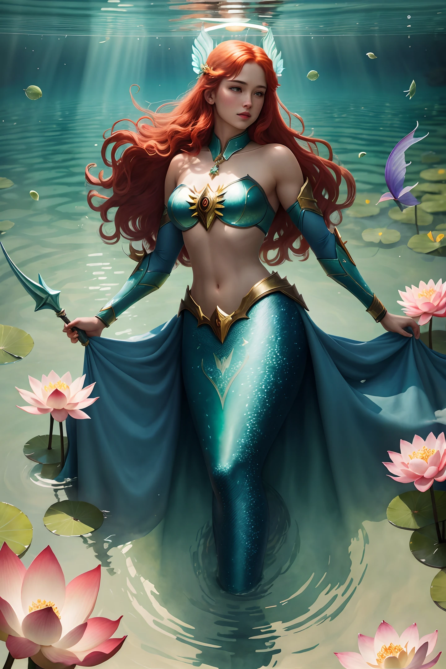 SFW, [fantasy], watercolor illustration, panorama, beautiful and sexy Princess Atlantis (mermaid tail), holding a glowing trident, wearing a blue-green cape, underwater in a lotus pond, large lotus leaves, dense lotus flowers, toned physique, perfect big round chest, toned medium ass, perfect limbs, perfect hands, long red hair, (fine skin, diffuse skin pores), maximum detail, maximum quality, (halo: 0.5), light tracking, mirror lighting, light depth, light field Skating, from Aquaman's movie film, [Arcane Fantasy: 12]