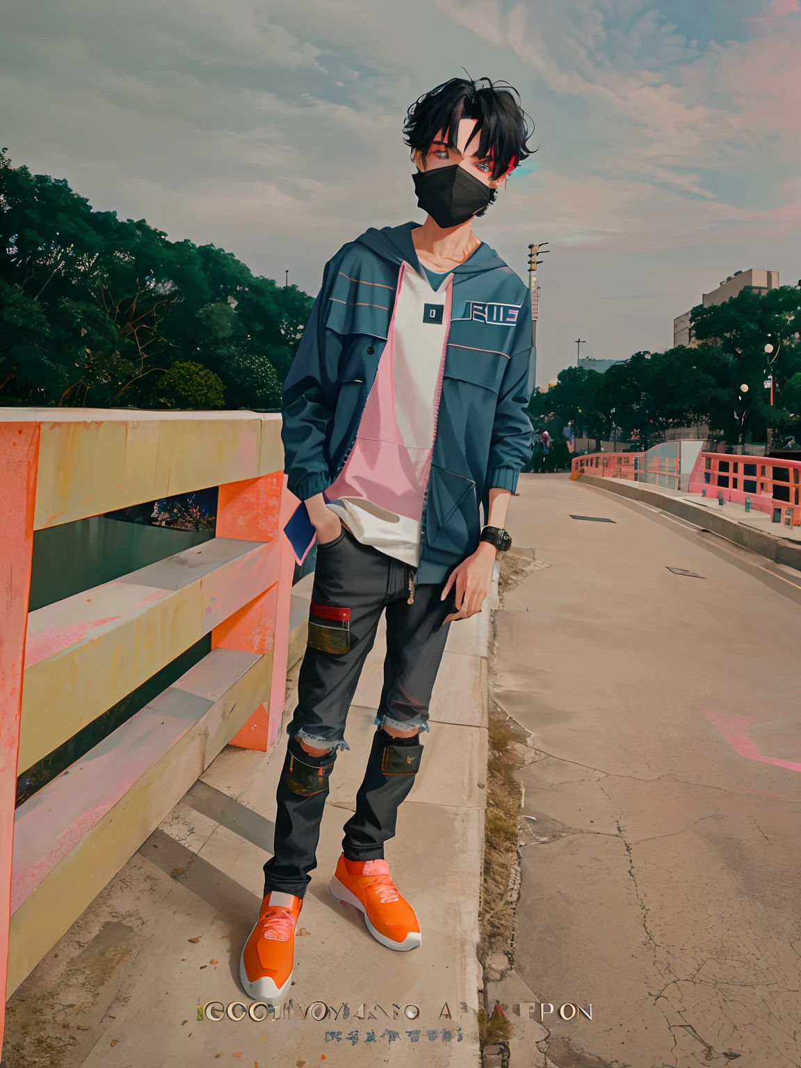 1 handsome boy, black hair, coma hair, coma hair, coma hair, street style, pink blue hoodie gradation, full background collor, sparkling, red eyes, viewing viewer, upper body