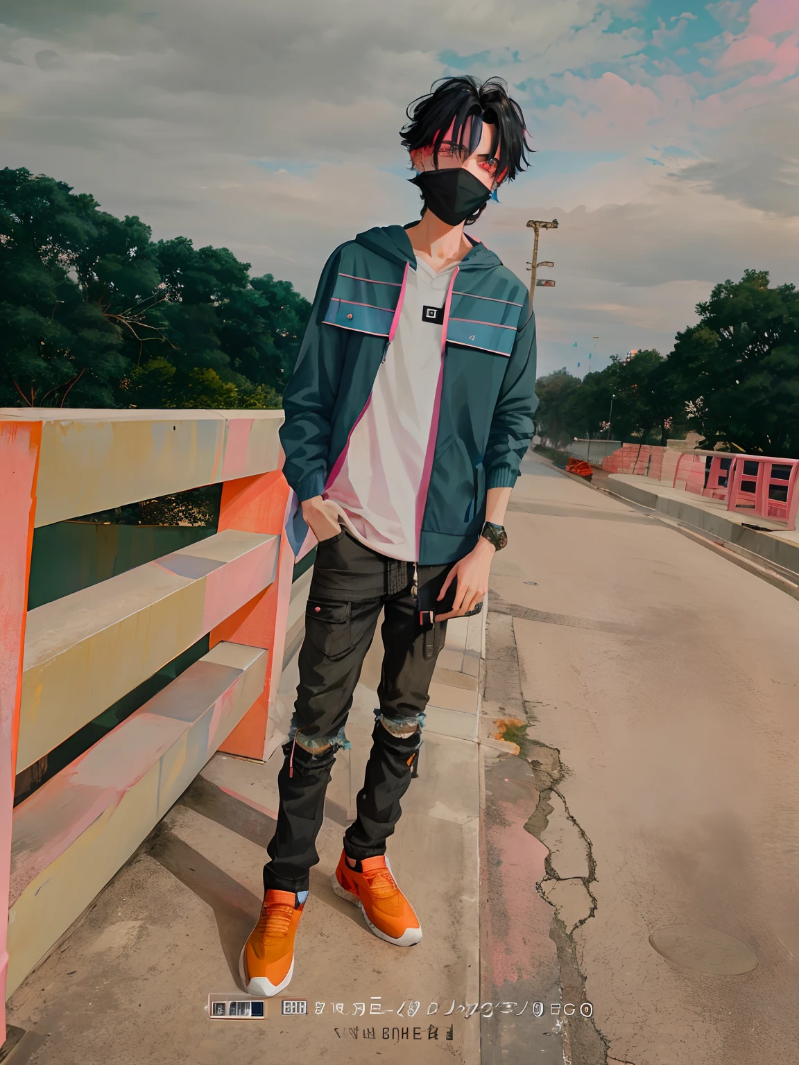 1 handsome boy, black hair, coma hair, coma hair, coma hair, street style, pink blue hoodie gradation, full background collor, sparkling, red eyes, viewing viewer, upper body