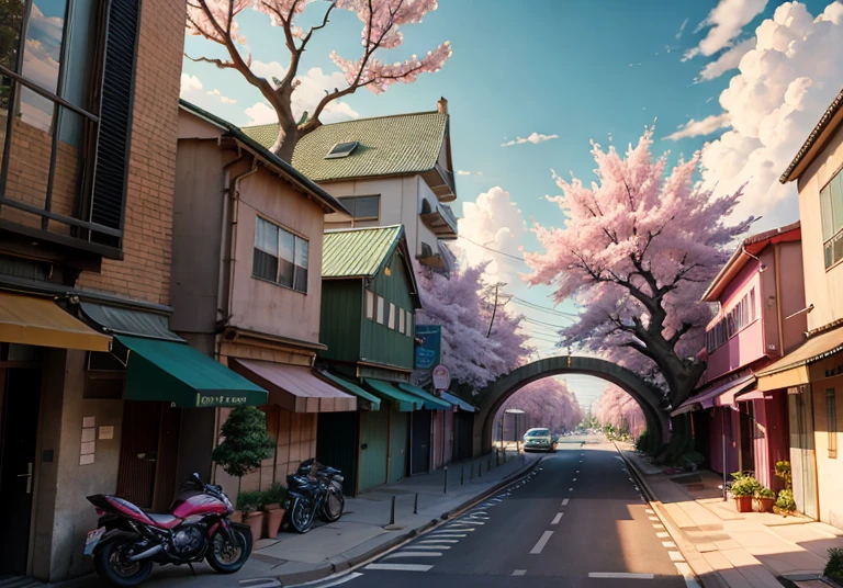 This picture depicts a city with many cherry trees, cherry trees, and lush cherry trees. The bustling tech architecture is beyond imagination. Cherry blossom trees are in full bloom. Pink cherry blossoms are blooming everywhere. The surreal clouds, the breathtaking clouds, the few passers-by, and the details of the characters are all clear at a glance. Inspired by Makoto Shinkai's popular conceptual art and masterpiece on pixiv, foresight (wide-angle lens), ultra-high resolution (realism: 1.4), ultra-high quality, extremely detailed CG Unity 8k wallpapers, aesthetics, award-winning photography, realism, high detail, intricate, beautiful anime scenes, and anime-style cityscapes. The art of traveling