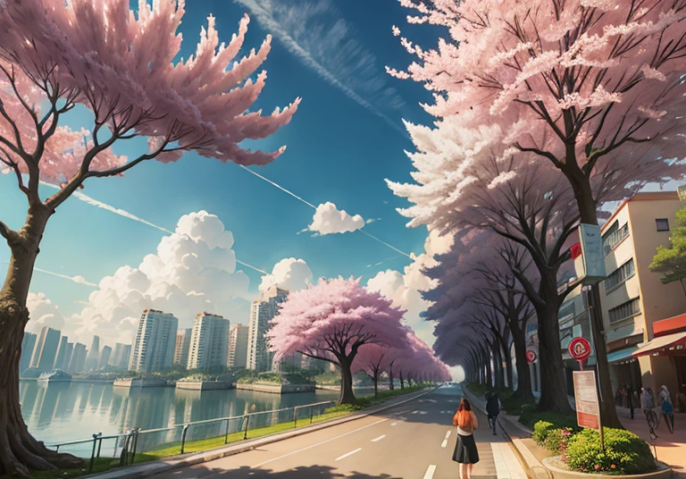 This picture depicts a city with many cherry trees, cherry trees, and lush cherry trees. The bustling tech architecture is beyond imagination. Cherry blossom trees are in full bloom. Pink cherry blossoms are blooming everywhere. The surreal clouds, the breathtaking clouds, the few passers-by, and the details of the characters are all clear at a glance. Inspired by Makoto Shinkai's popular conceptual art and masterpiece on pixiv, foresight (wide-angle lens), ultra-high resolution (realism: 1.4), ultra-high quality, extremely detailed CG Unity 8k wallpapers, aesthetics, award-winning photography, realism, high detail, intricate, beautiful anime scenes, and anime-style cityscapes. The art of traveling