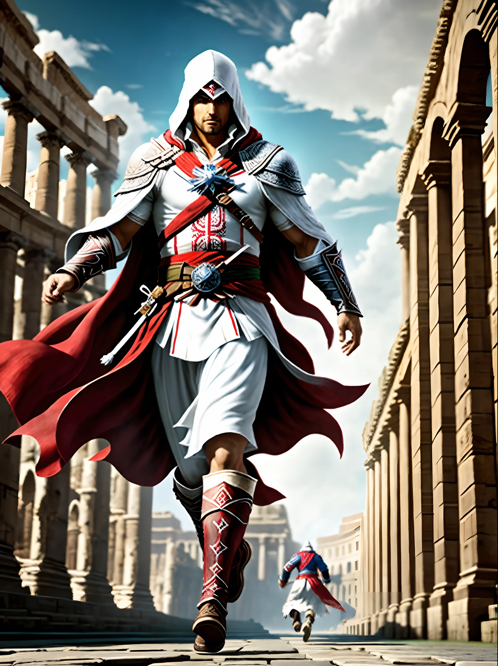 Ezio Auditore running trough ancient Rome, white robes, stand (JoJo Bizzare Adventure) behind him, incredible detail, photograph, masterpiece, photorealistic, atmospheric, cinematic, HDR, Canon, Sony, Lumix, 8k, UHD