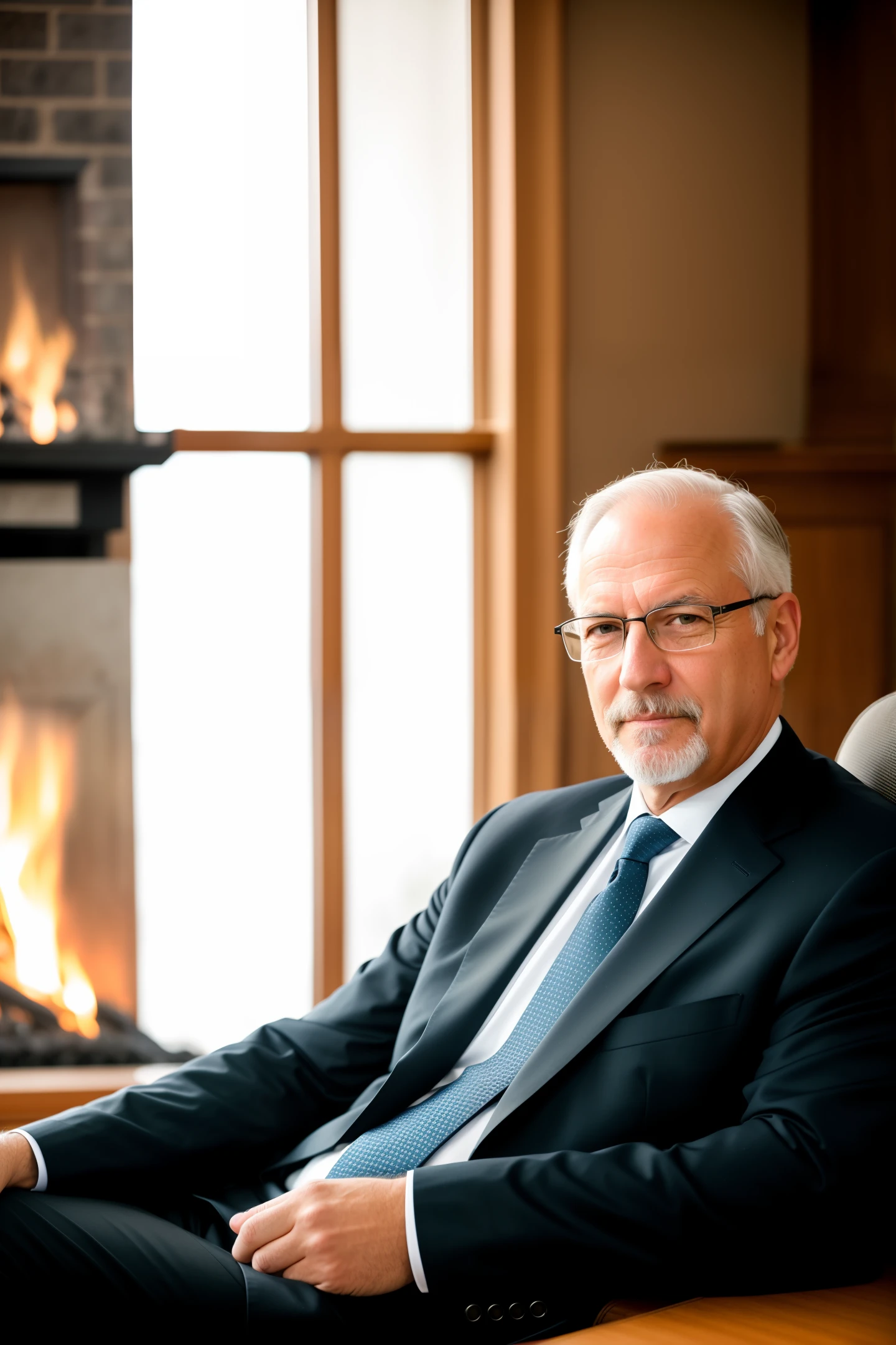 RAW photo, (high definition detail skin: 1.2), 8k Ultra HD, digital SLR camera, soft light, high definition, movie particles, Fujifilm XT3, a man sitting in front of a fireplace, (background: study room), thoughtful, 50 years old, gentleman, banker, facing an audience,