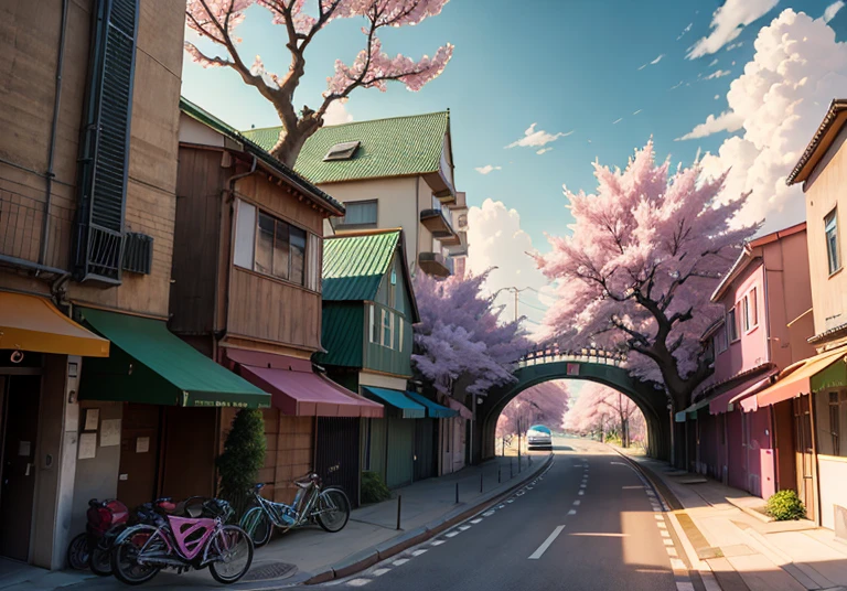This picture depicts a city with many cherry trees, cherry trees, and lush cherry trees. The bustling tech architecture is beyond imagination. Cherry blossom trees are in full bloom. Pink cherry blossoms are blooming everywhere. The surreal clouds, the breathtaking clouds, the few passers-by, and the details of the characters are all clear at a glance. Inspired by Makoto Shinkai's popular conceptual art and masterpiece on pixiv, foresight (wide-angle lens), ultra-high resolution (realism: 1.4), ultra-high quality, extremely detailed CG Unity 8k wallpapers, aesthetics, award-winning photography, realism, high detail, intricate, beautiful anime scenes, and anime-style cityscapes. The art of traveling
