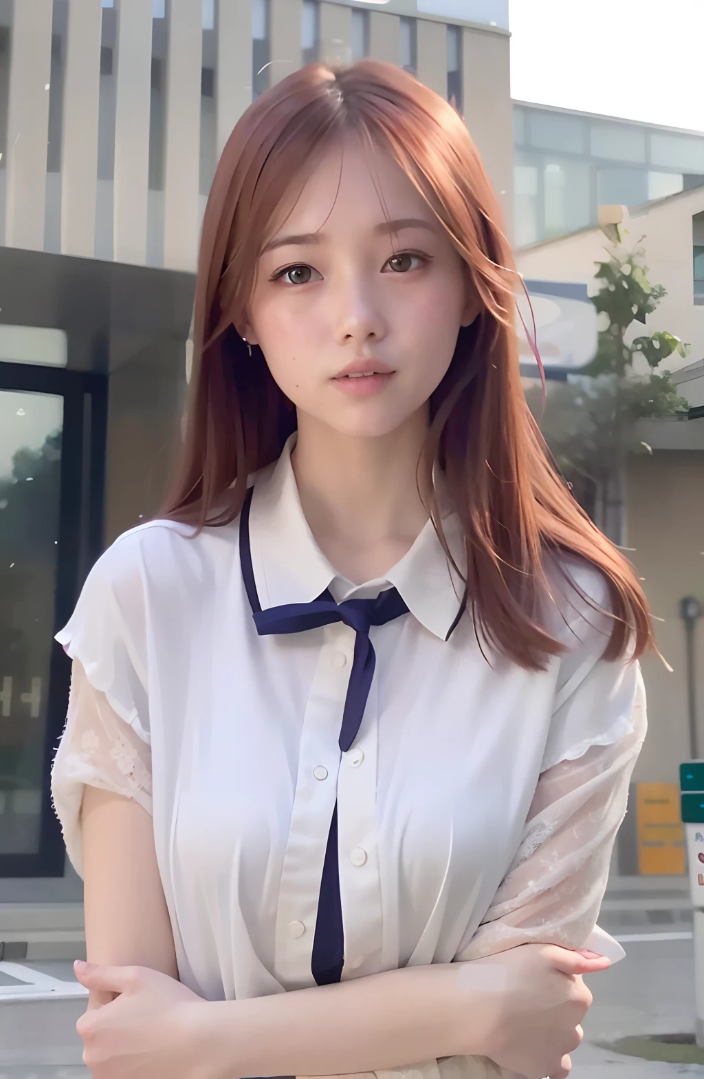 masterpiece, young woman, school uniform, petite, japan, street, freckles, red hair, realistic skin, extremely detailed face, soft lighting, revealing, arms between breasts,