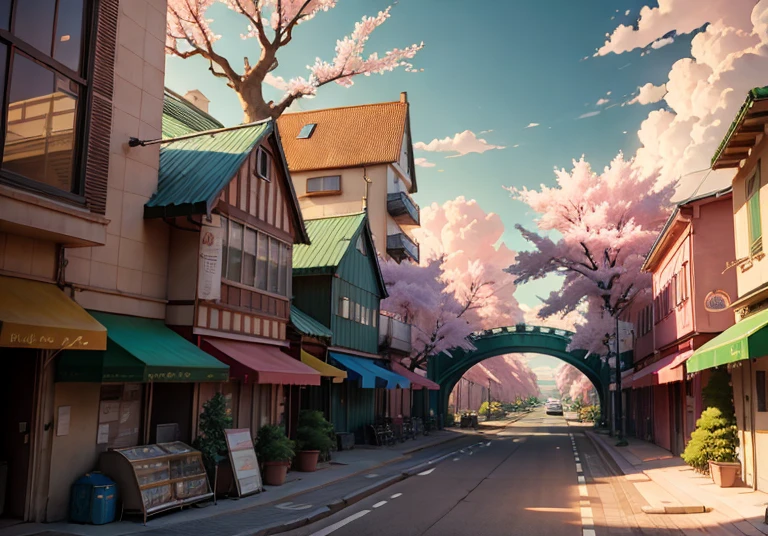 This picture depicts a city with many cherry trees, cherry trees, and lush cherry trees. The bustling tech architecture is beyond imagination. Cherry blossom trees are in full bloom. Pink cherry blossoms are blooming everywhere. The surreal clouds, the breathtaking clouds, the few passers-by, and the details of the characters are all clear at a glance. Smart buildings, tech stores, inspired by Makoto Shinkai's popular conceptual art and masterpieces on pixiv, foresight (wide-angle lens), ultra-high resolution (realism: 1.4), HDR, UHD, ultra-high quality, extremely detailed CG Unity 8k wallpapers, aesthetics, award-winning photography, realism, high detail, intricate, beautiful animation scenes, and anime-style cityscapes. The art of traveling
