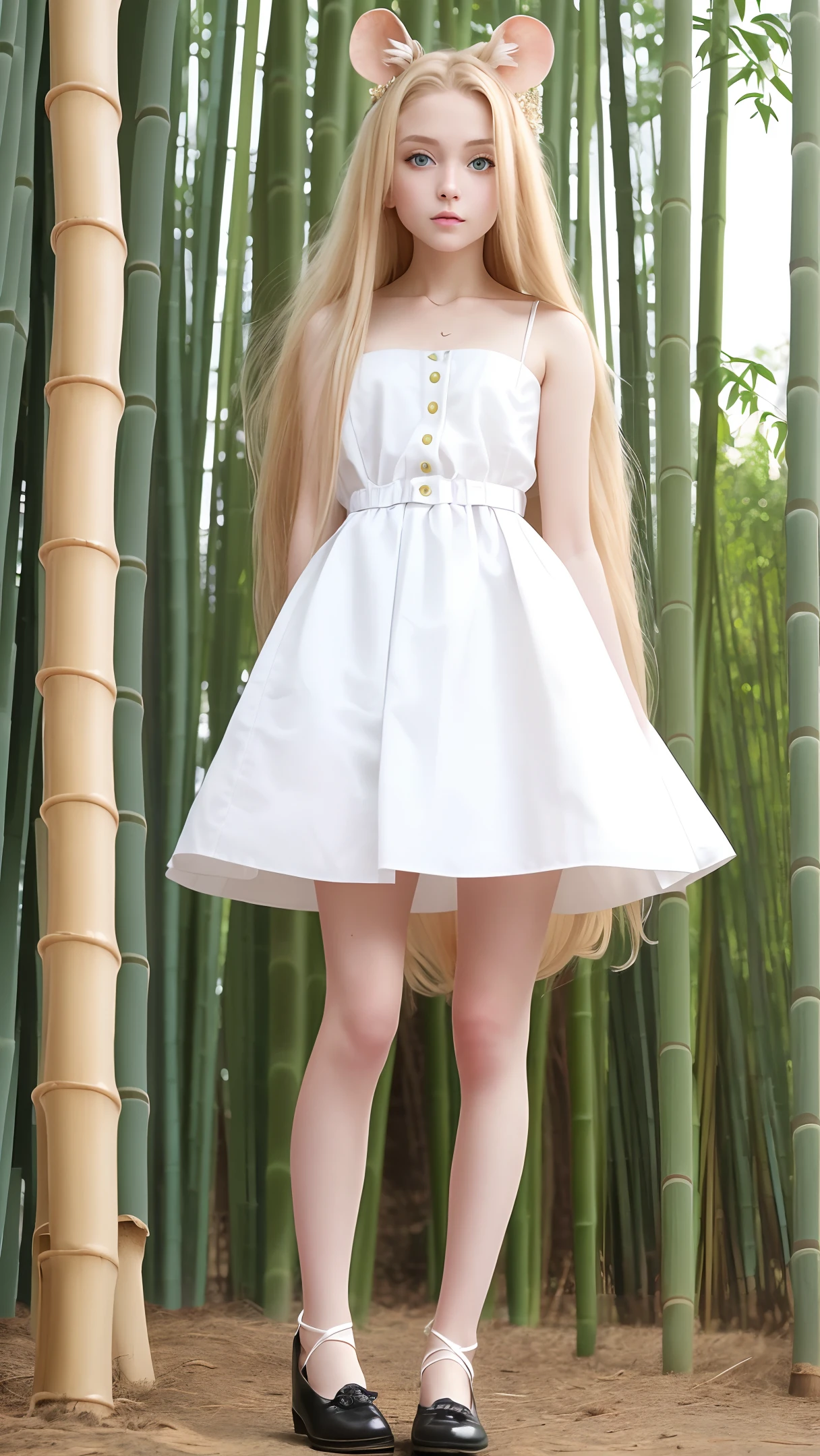 Highest quality, full body detail, golden ratio, fractures, masterpieces, RAW photos (long blond hair), bamboo mice (anthropomorphic, pale 20 year old female, petite body, bamboo rat ears, raised head, clean legs, wearing black leather shoes, details), wearing green bamboo leaves, obsessed with foot details (standing on the playground), full body, perfect face, stunning eyes, vivid details (obsessed with detail)