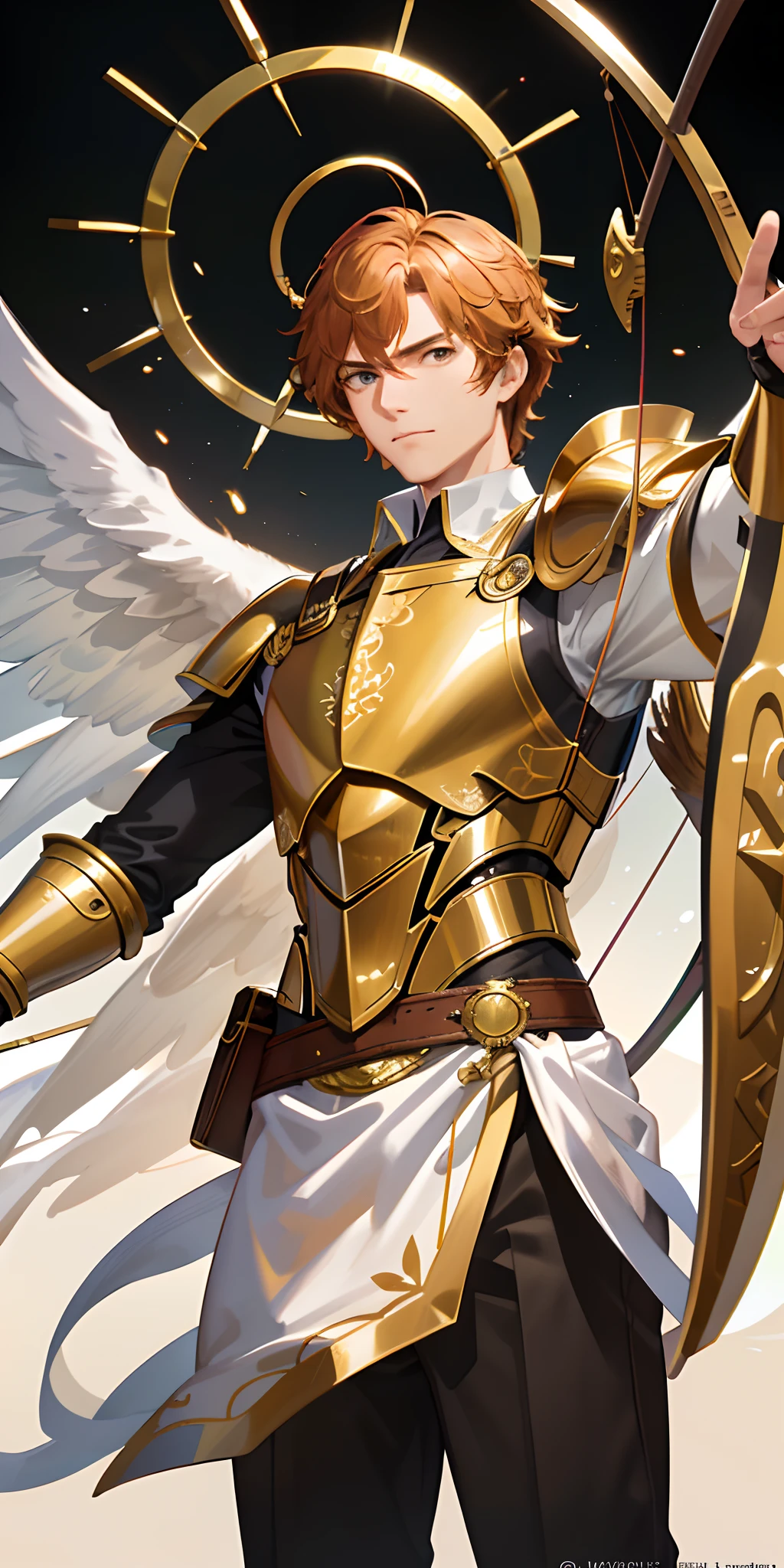 This is a carefully crafted, intricate fantasy portrait depicting a strong and determined middle-aged male angel archer, dressed in a pure tone, with honey-colored hair, hair and plate armor, waving a bow and arrow, a halo on top of the head