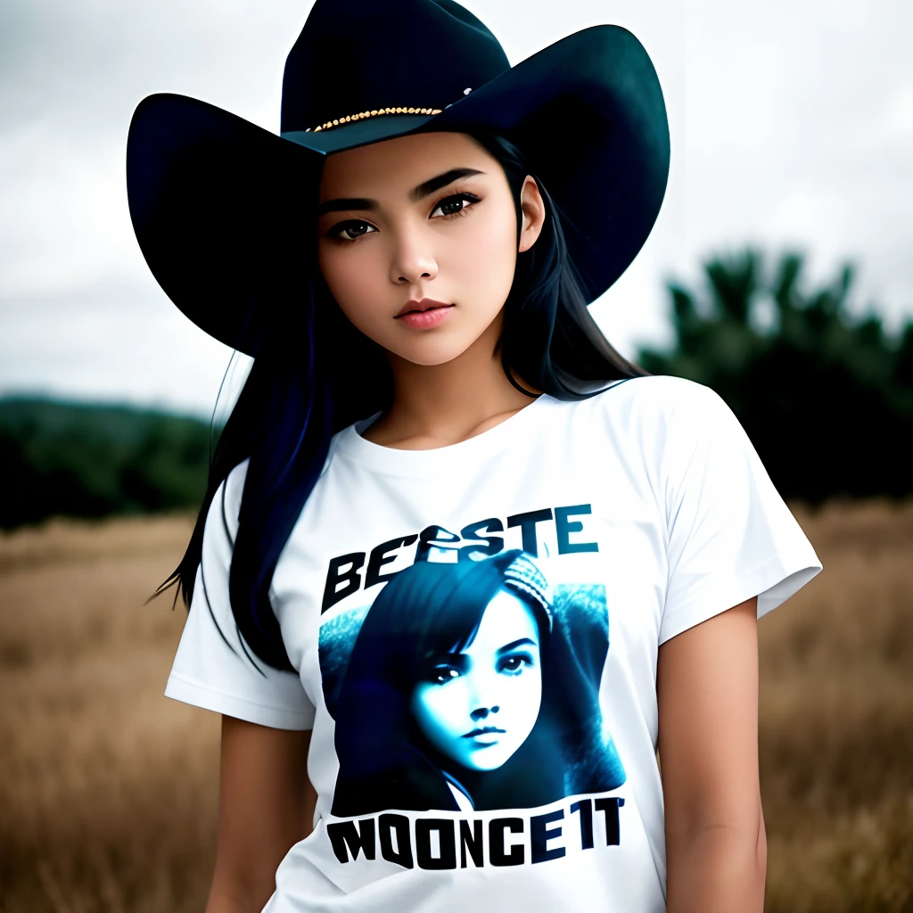 best quality, masterpiece, girl, black eyes, black hair, white T-shirts, jean, cowboy shot