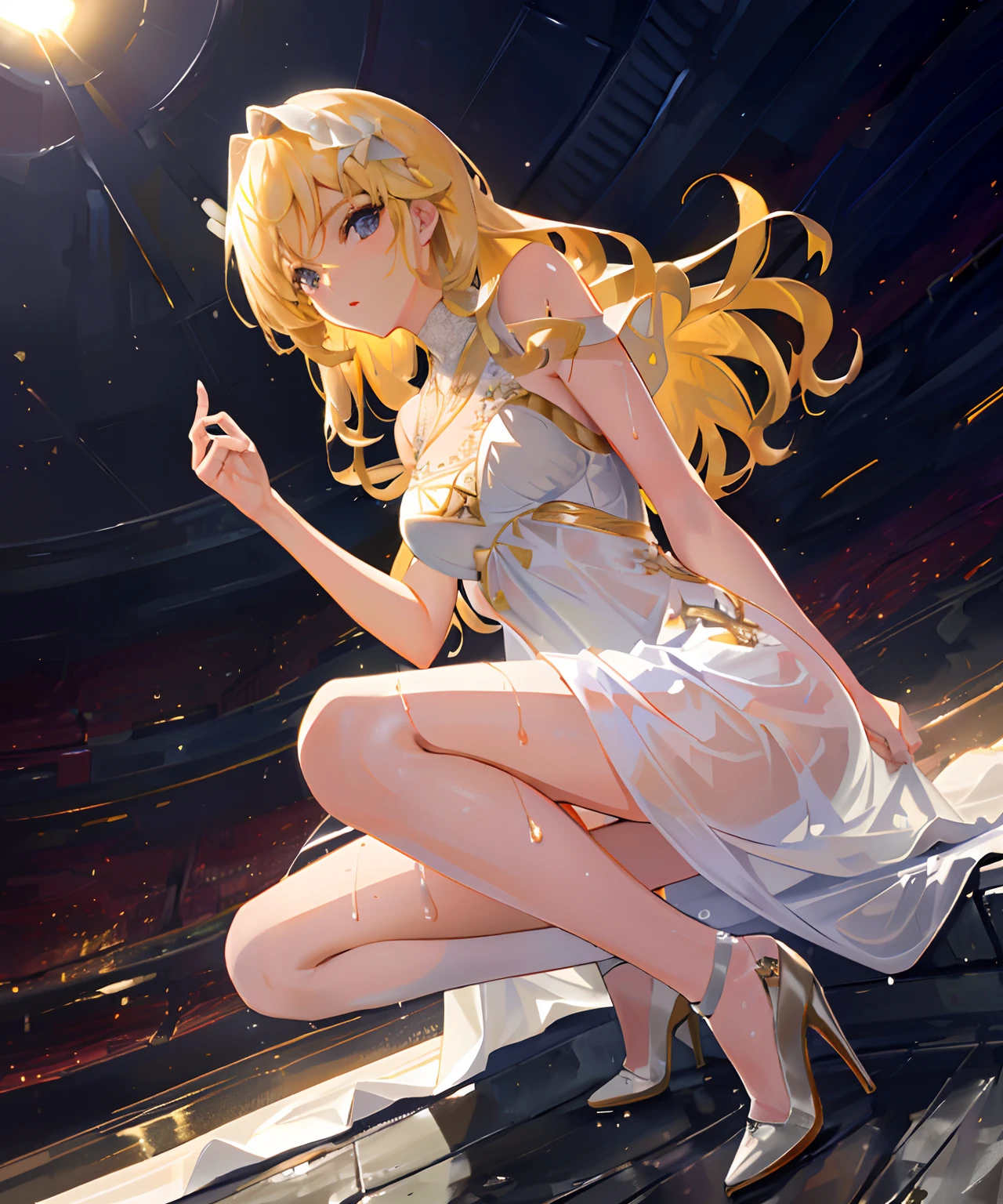 (1girl),(high resolution,standing alone,striking pose, masterpiece, best quality, ultra-detailed, perfect illumination, high heels, bright sunshine, ray tracing,long hair, delicate face, looking at viewer,wet,white dress, sheer fabric,spreading legs)